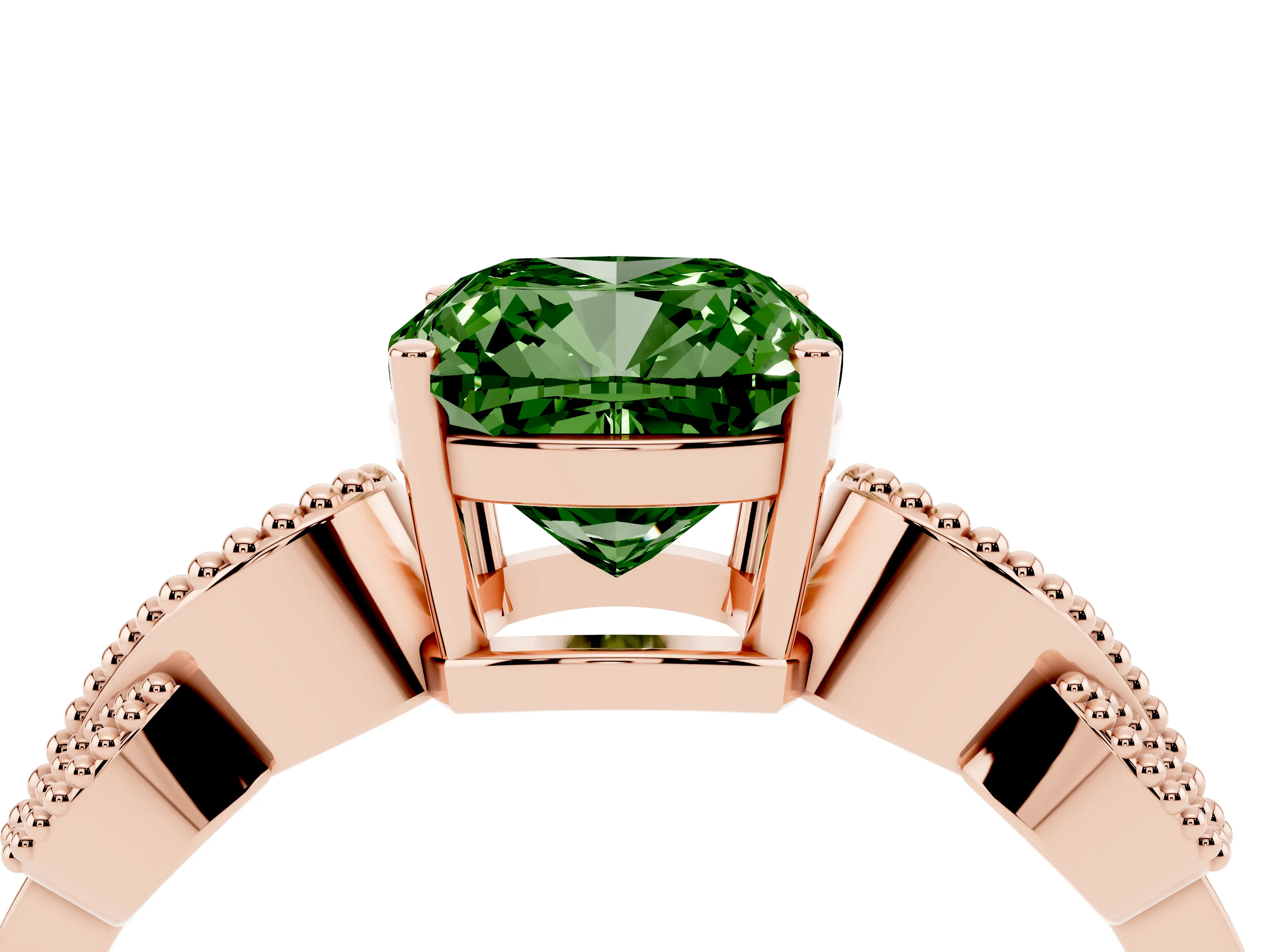 Fancy Green Cushion Cut Diamond Milgrain Leaf Band Solitaire Ring Set in Rose gold with Accent Stones and Prong Setting