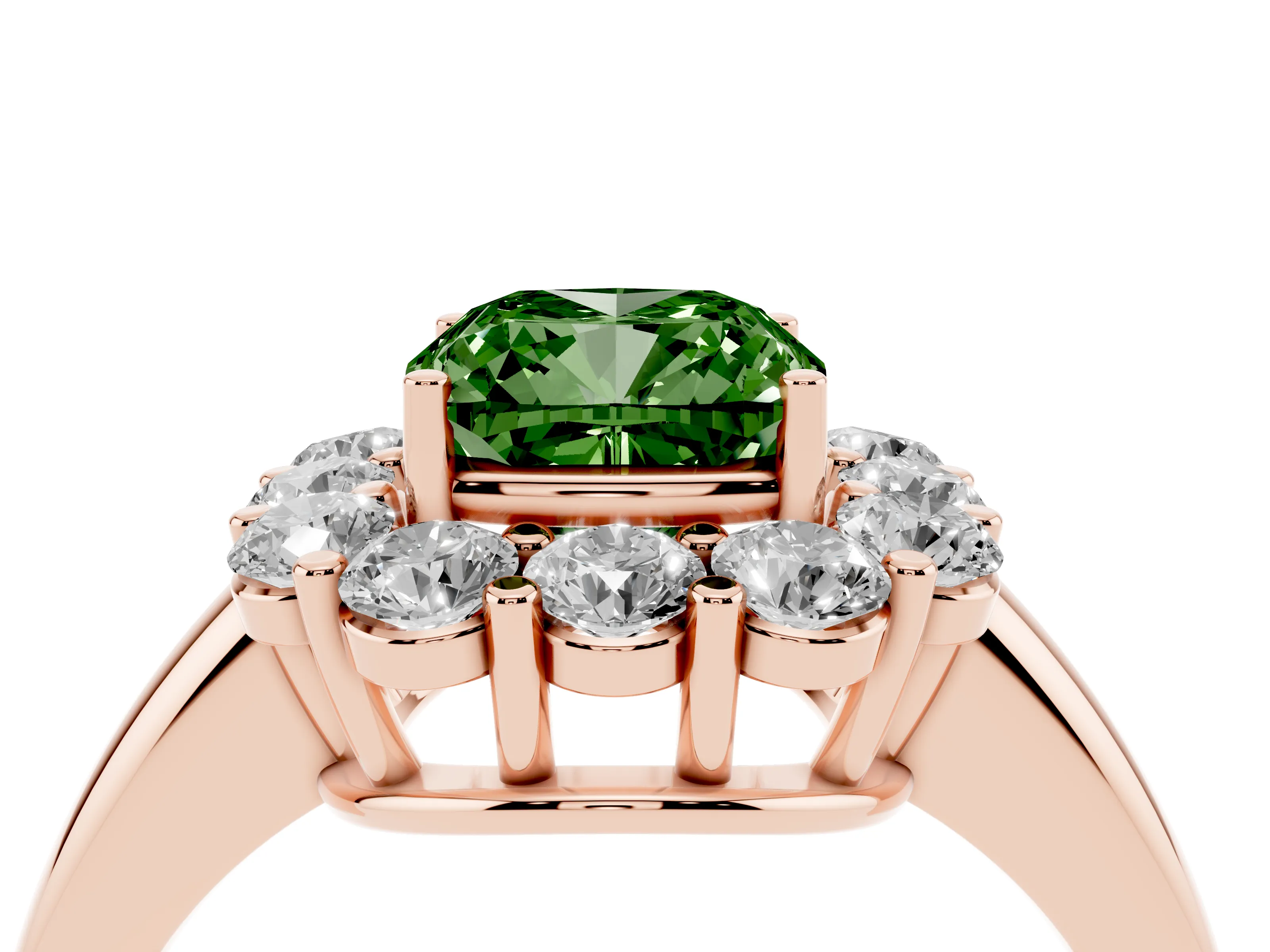 Fancy Green Cushion Cut Diamond Halo Cluster Engagement Ring Set in Rose gold with Polished Band and Prong Setting