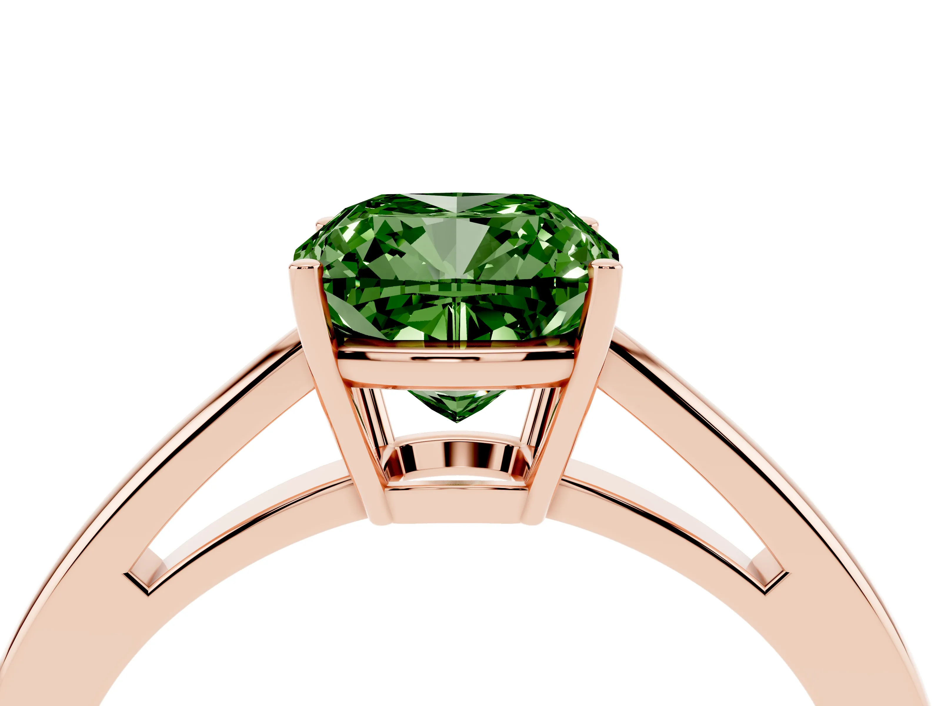 Fancy Green Cushion Cut Diamond Solitaire Ring Set in Rose gold with Split Shank and Prong Setting