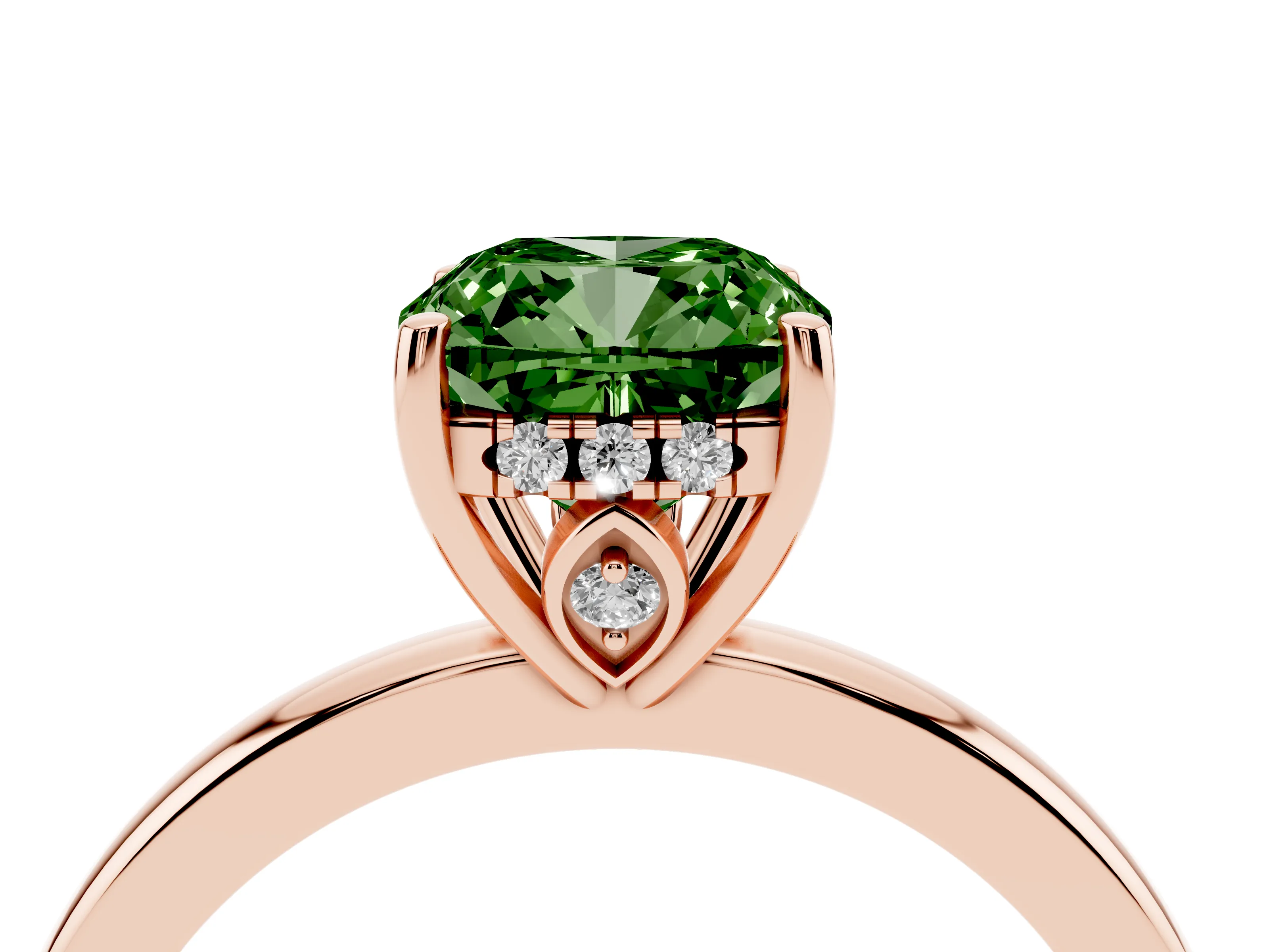Fancy Green Cushion Cut Diamond Solitaire Ring Set in Rose gold with Plain Band and Prong Setting