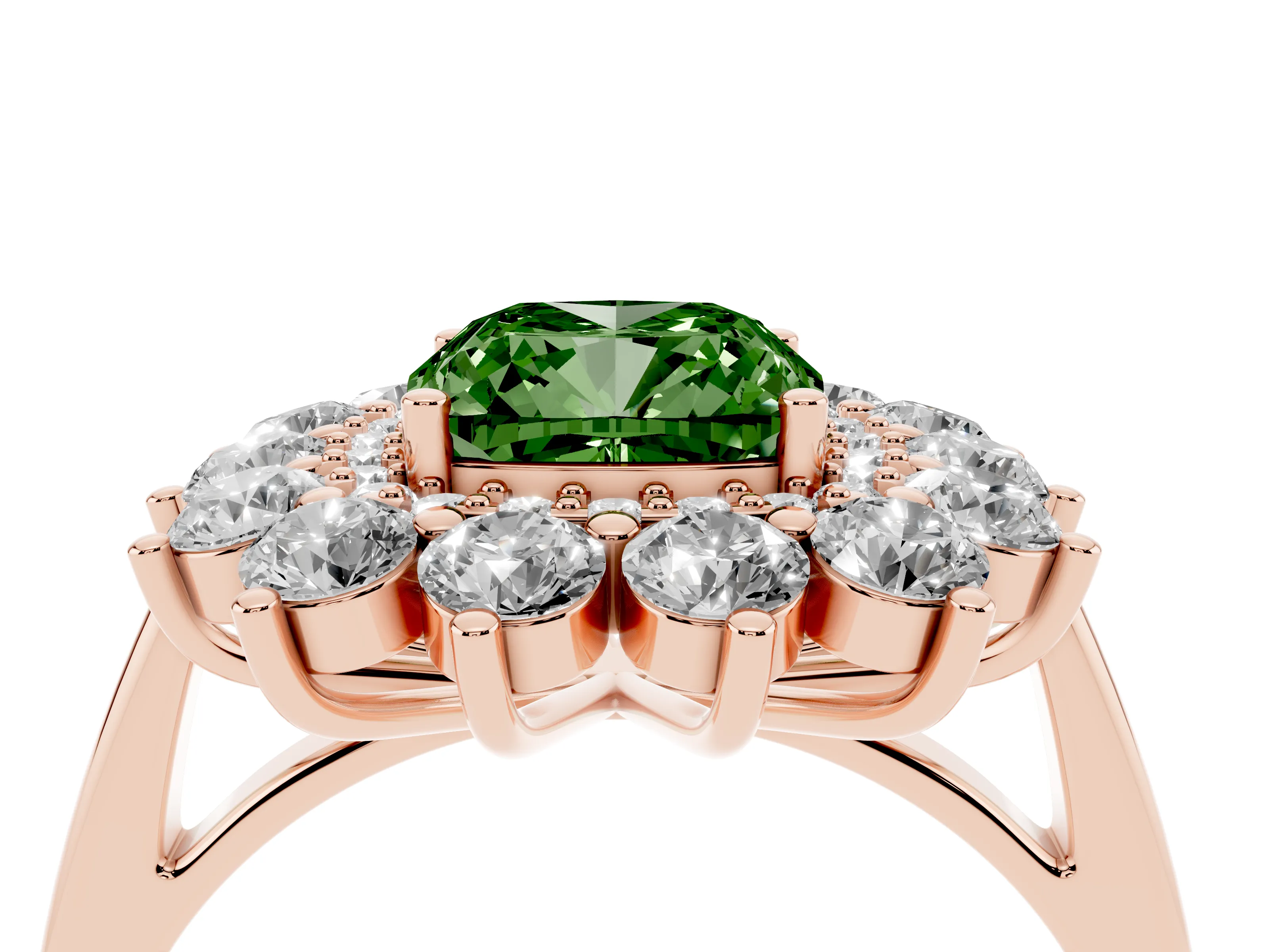 Fancy Green Cushion Cut Diamond Floral Double Halo Ring Set in Rose gold with Round Petals