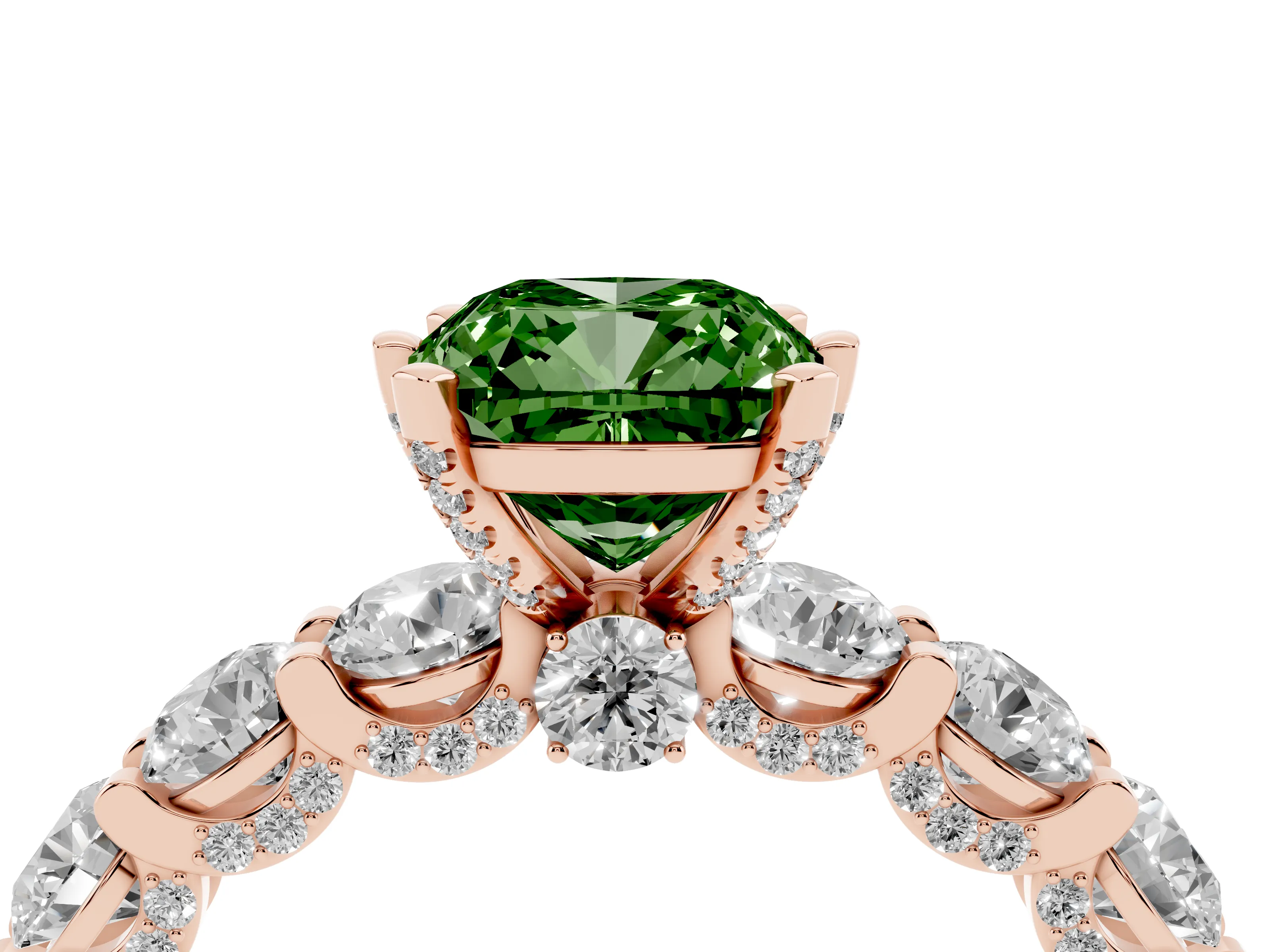 Fancy Green Cushion Cut Diamond Side Stone Ring Set in Rose gold with Alternating Round and Oval Side Stones
