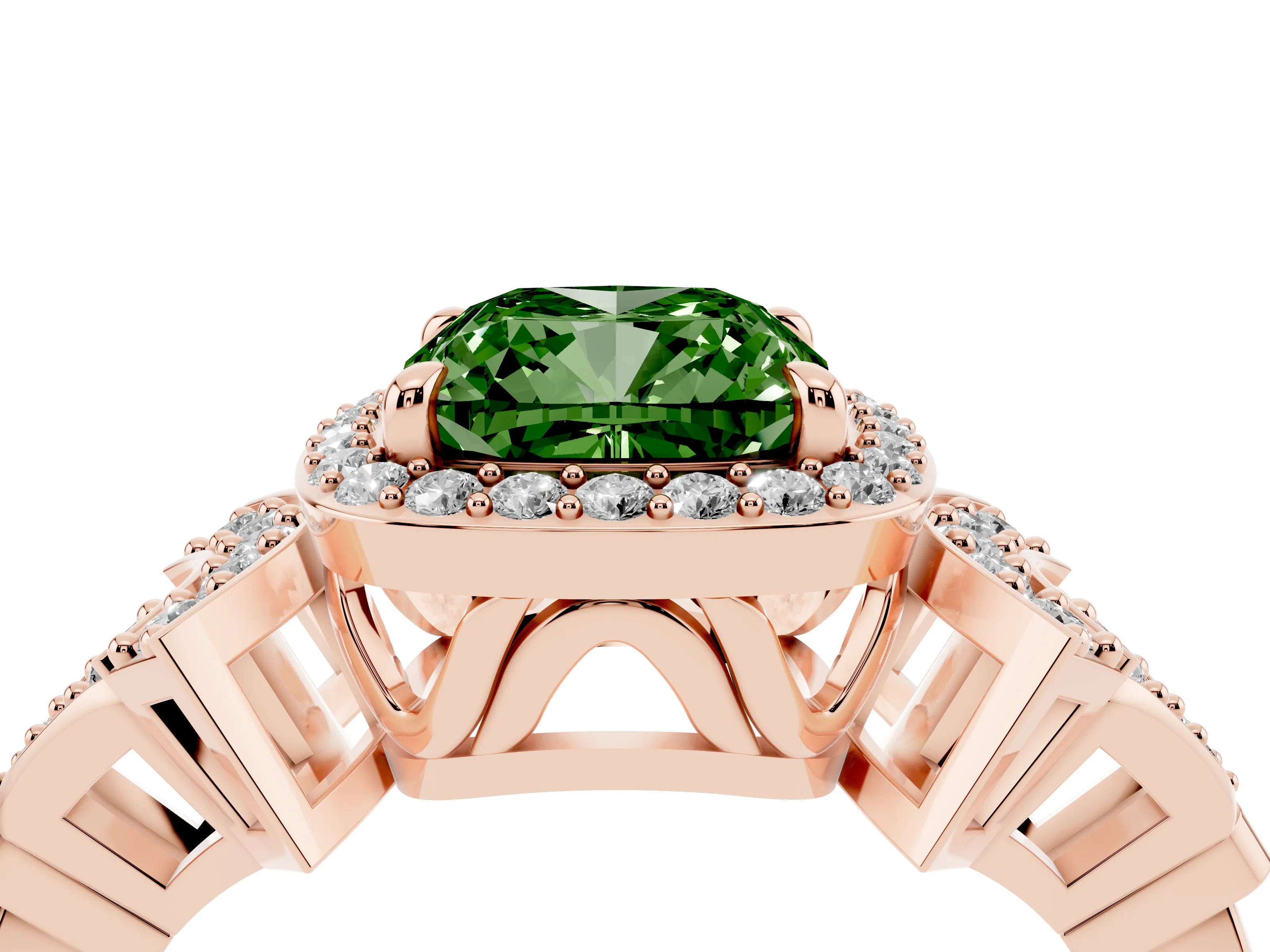 Fancy Green Cushion Cut Diamond Halo Engagement Ring Set in Rose gold with Accent Stone Split Shank
