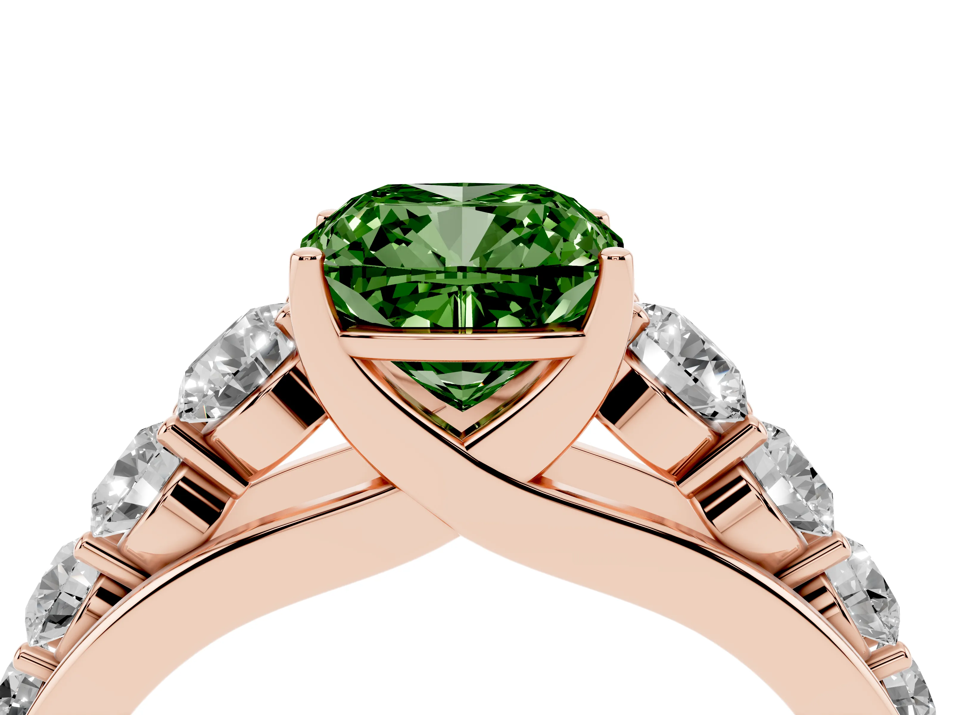Fancy Green Cushion Cut Diamond Solitaire Ring Set in Rose gold with Pavé-Set Band and Prong Setting