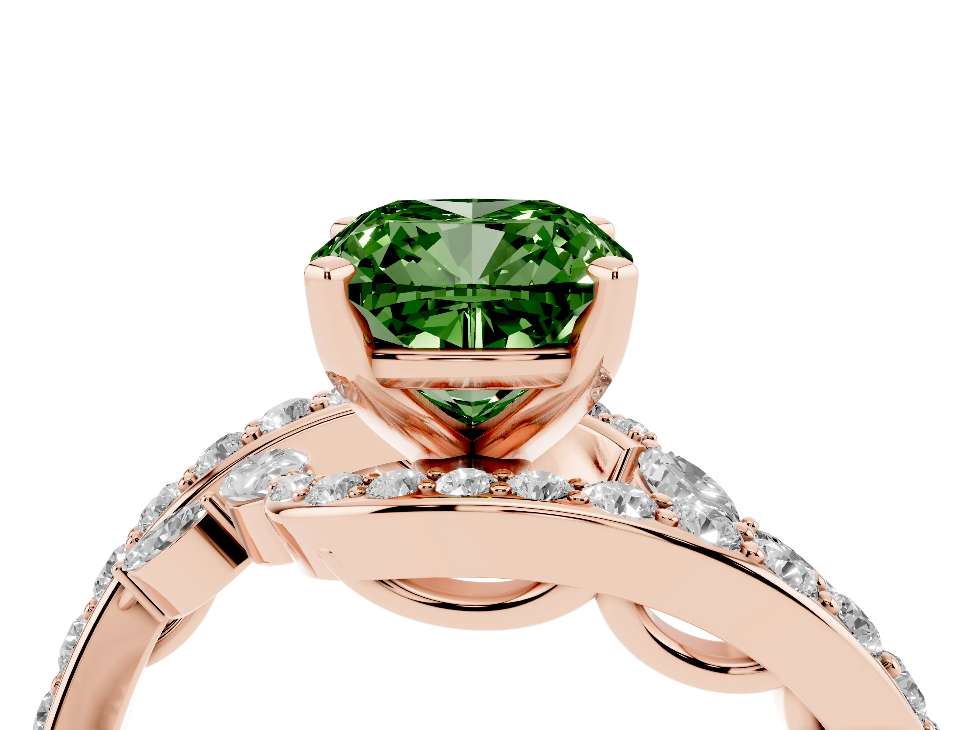 Fancy Green Cushion Cut Diamond Solitaire Ring Set in Rose gold with Pavé Twist Band and Secure Prong Setting