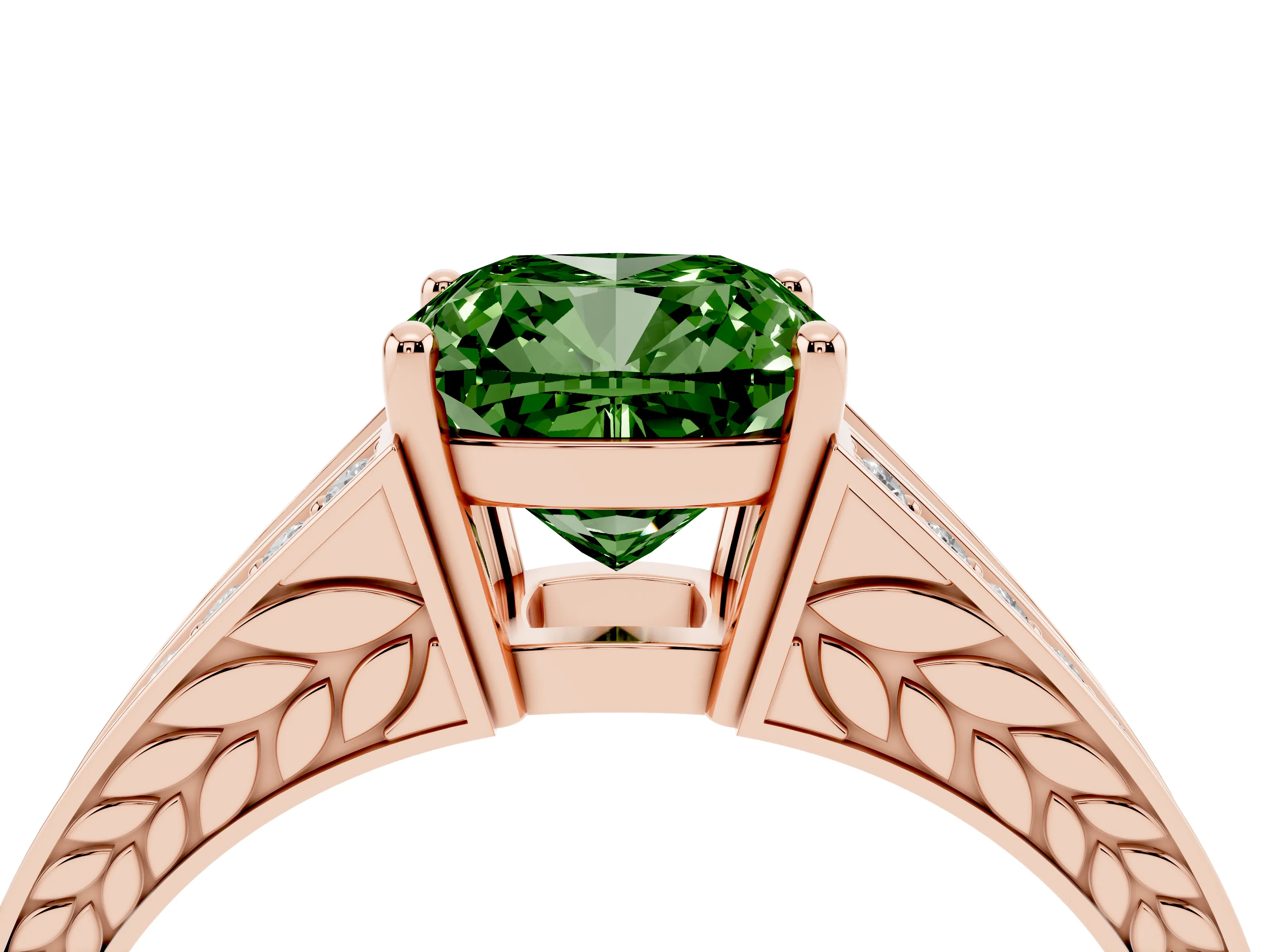 Fancy Green Cushion Cut Diamond Split Shank Ring Set in Rose gold with Pavé Band and Prong Setting