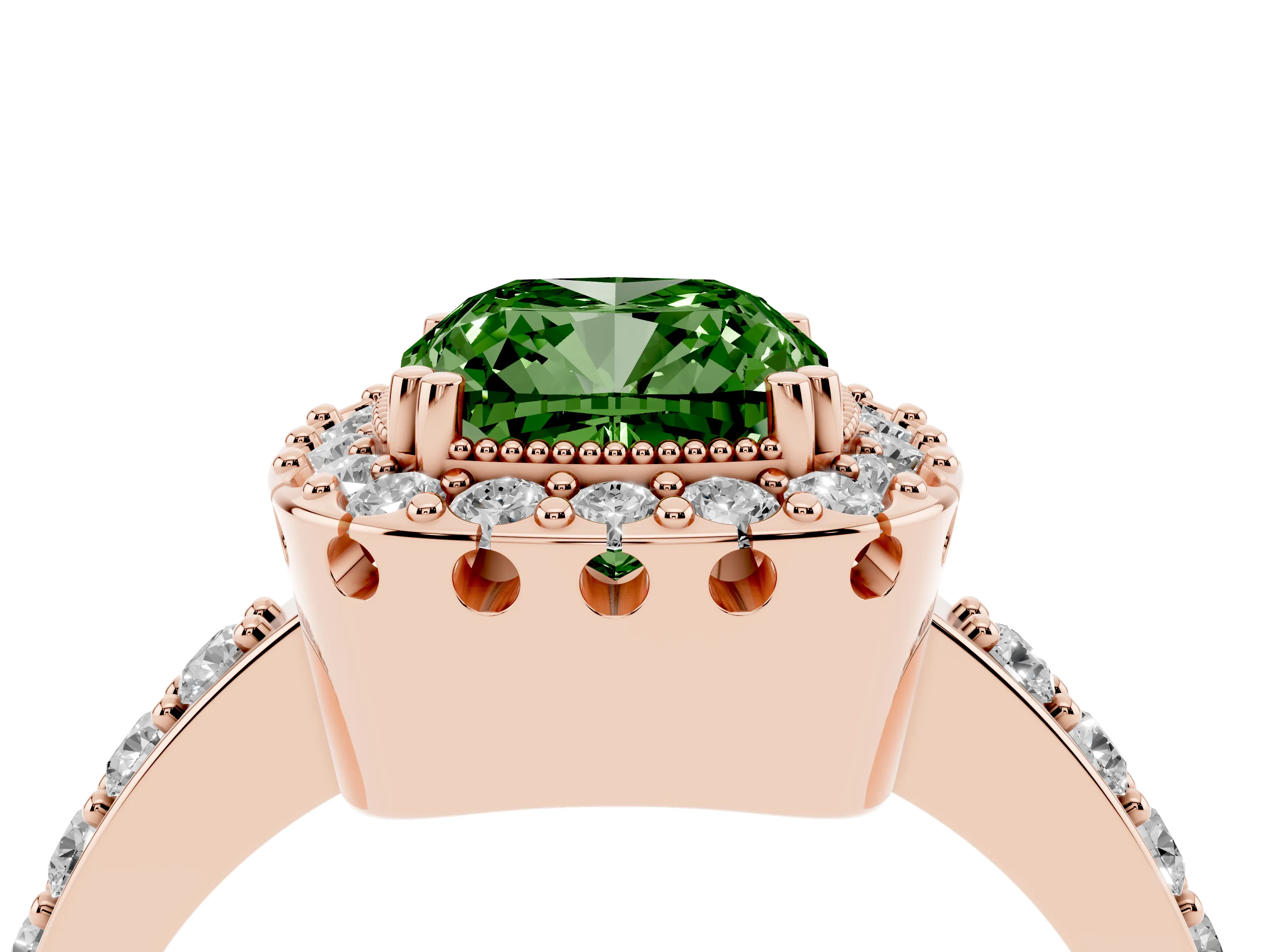 Fancy Green Cushion Cut Diamond Halo Ring Set in Rose gold with Pavé Shank and Prong Setting