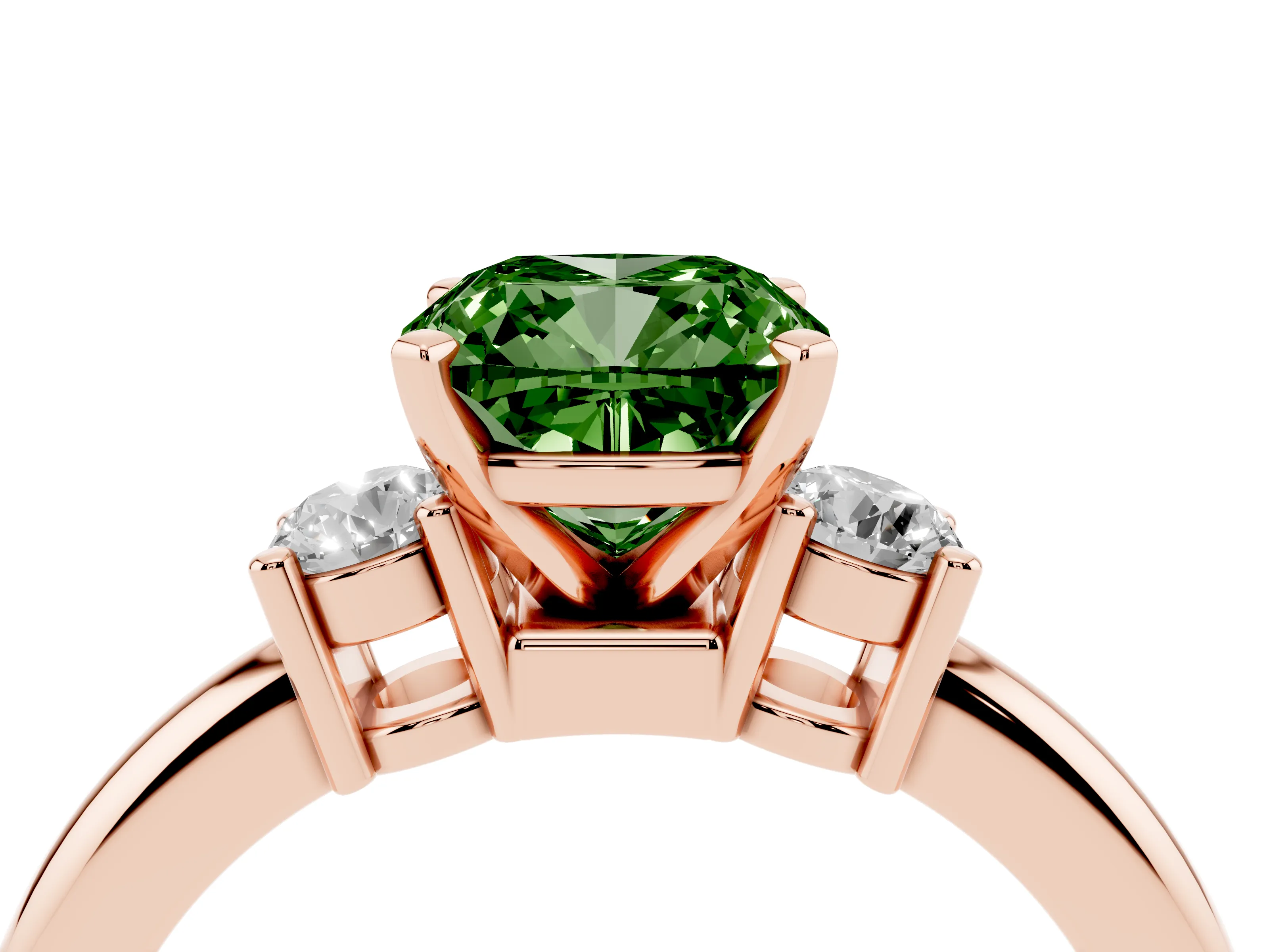 Fancy Green Three-Stone Cushion Cut Diamond Ring Set in Rose gold with Prong Setting and Plain Band