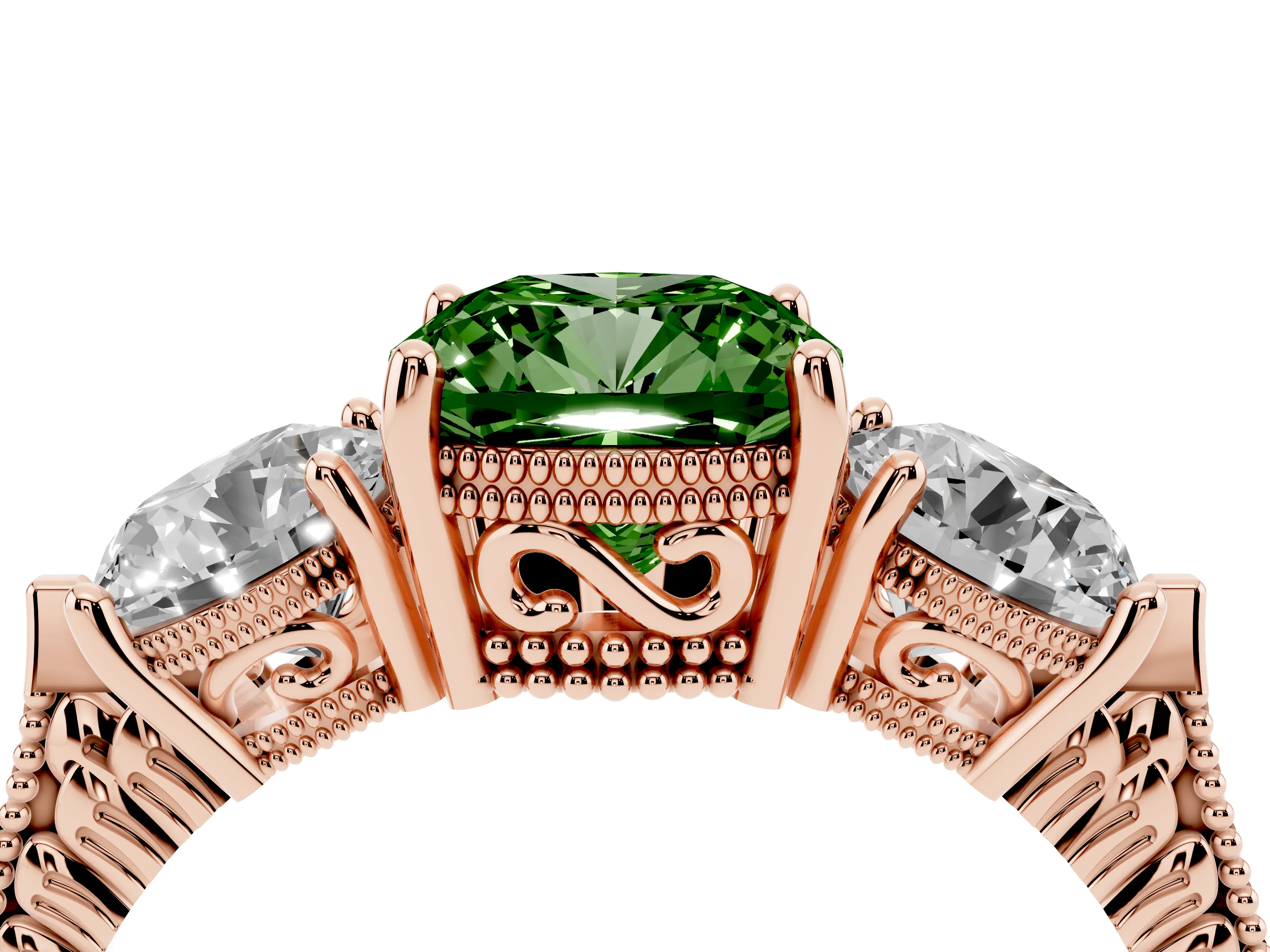 Fancy Green Cushion Cut Diamond Three-Stone Ring Set in Rose gold with Milgrain Band