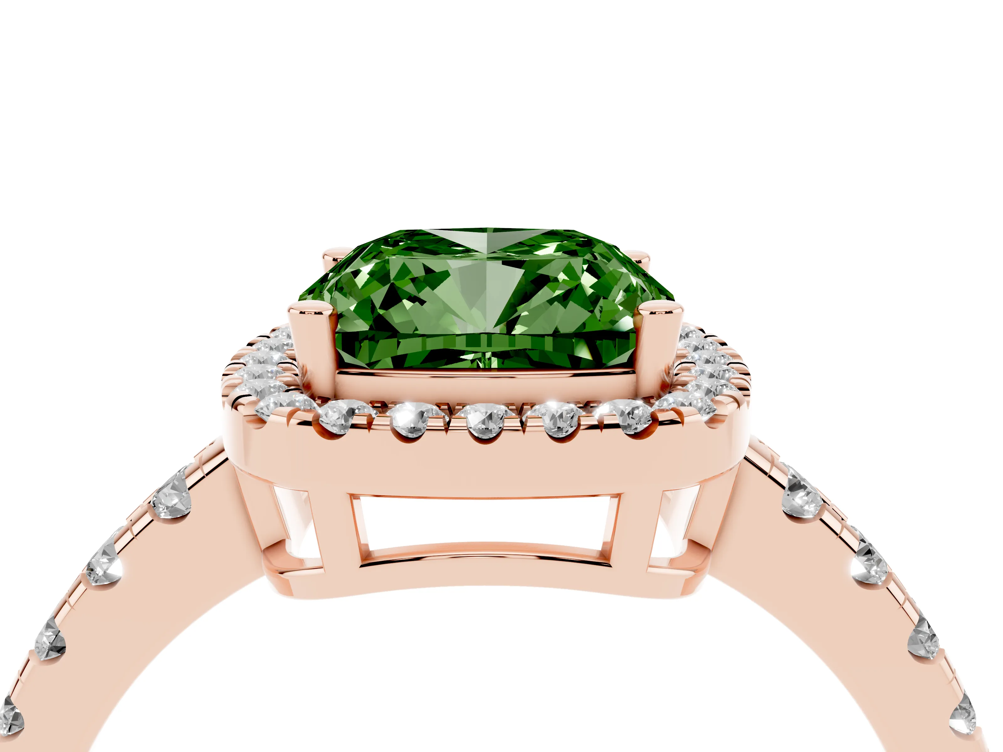 Fancy Green Cushion Cut Diamond Halo Ring Set in Rose gold with Delicate Pavé Band and Prong Setting