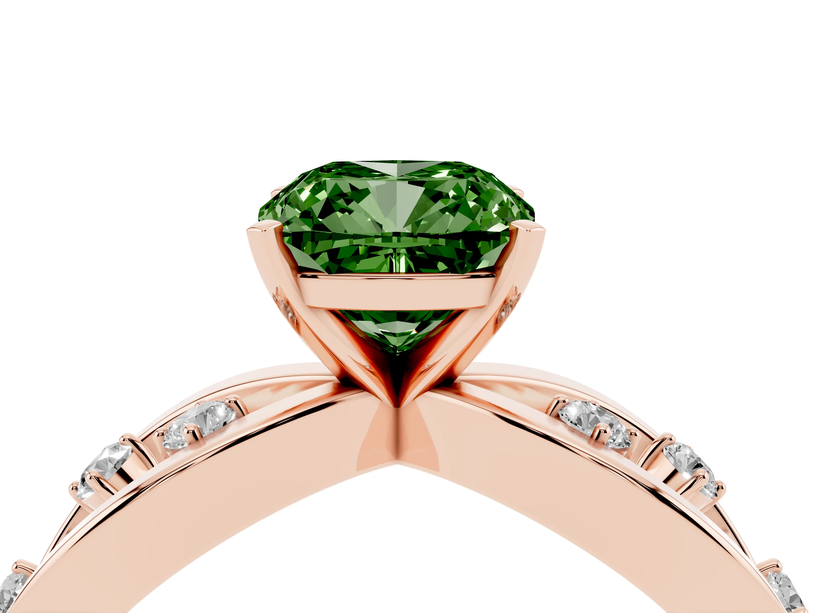 Fancy Green Cushion Cut Diamond Solitaire Ring Set in Rose gold with Side Stones on Criss-Cross Band and Prong Setting