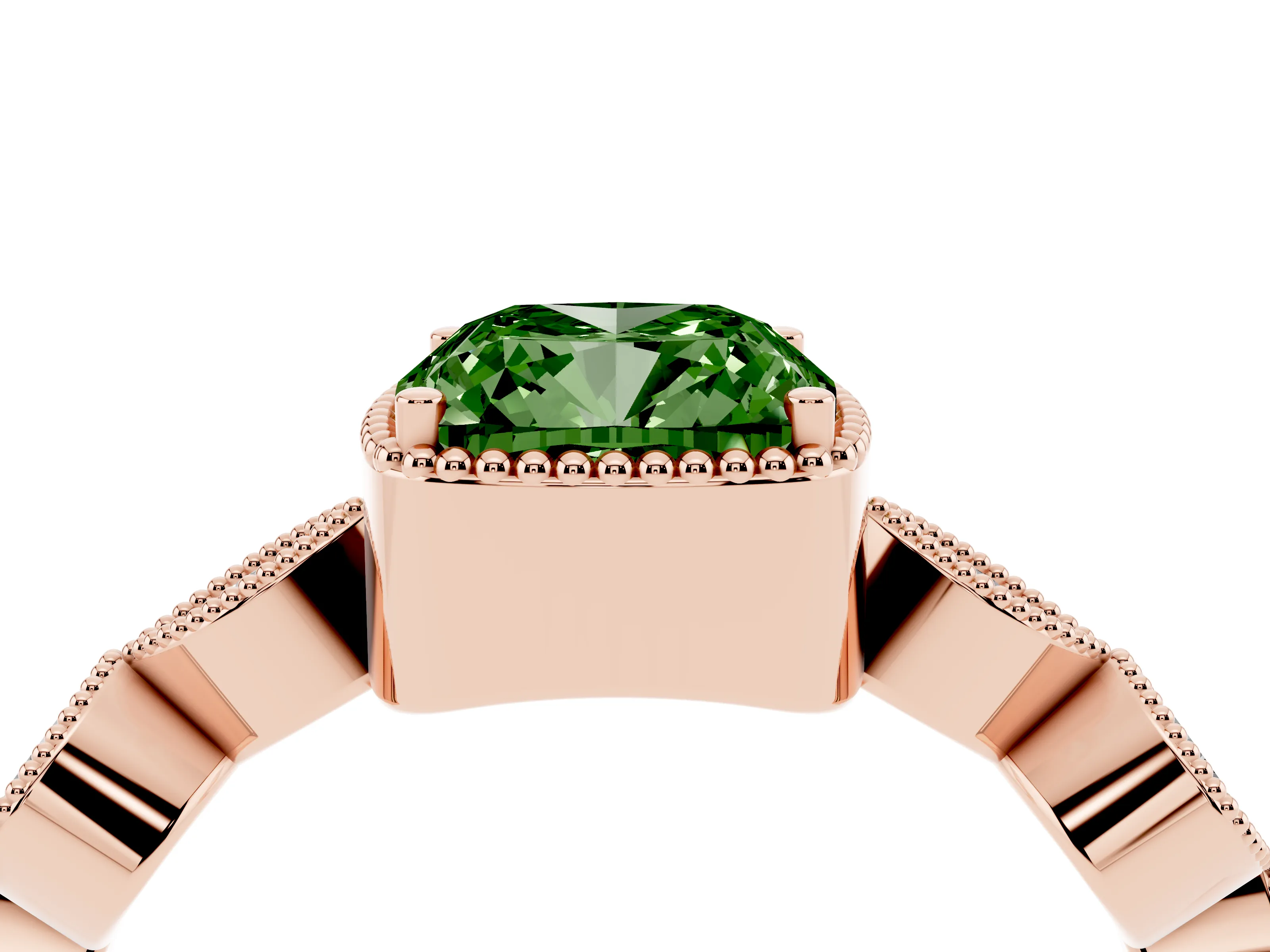 Fancy Green Cushion Cut Diamond Vintage-Inspired Milgrain Ring Set in Rose gold with Marquise Stations of Round Accents
