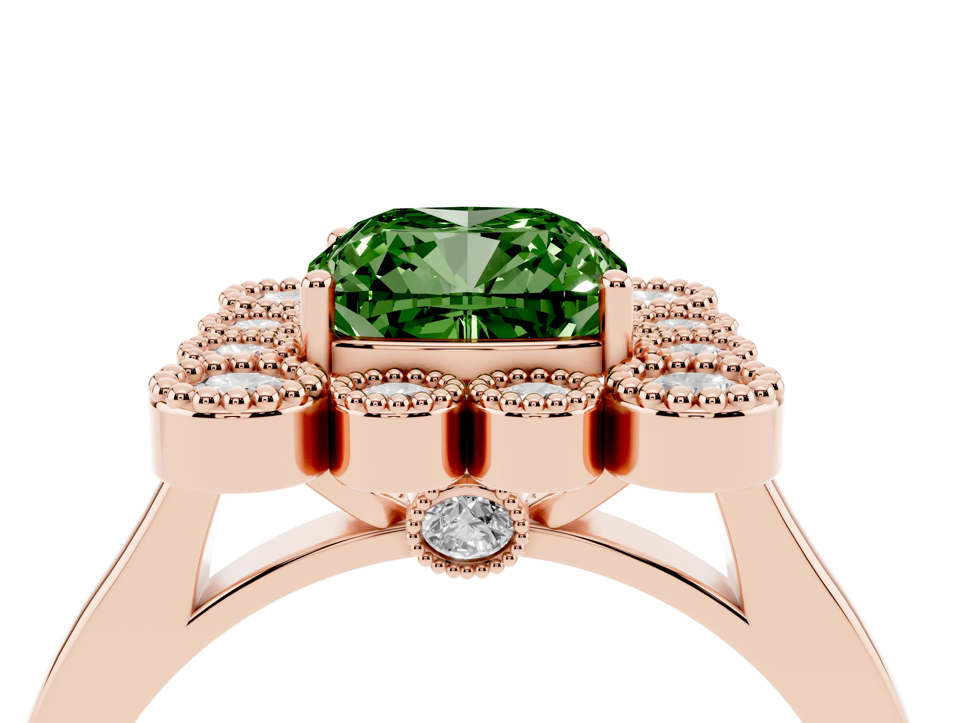 Fancy Green Cushion Cut Diamond Cluster Halo Ring Set in Rose gold with Milgrain Bezel Accents and Plain Band