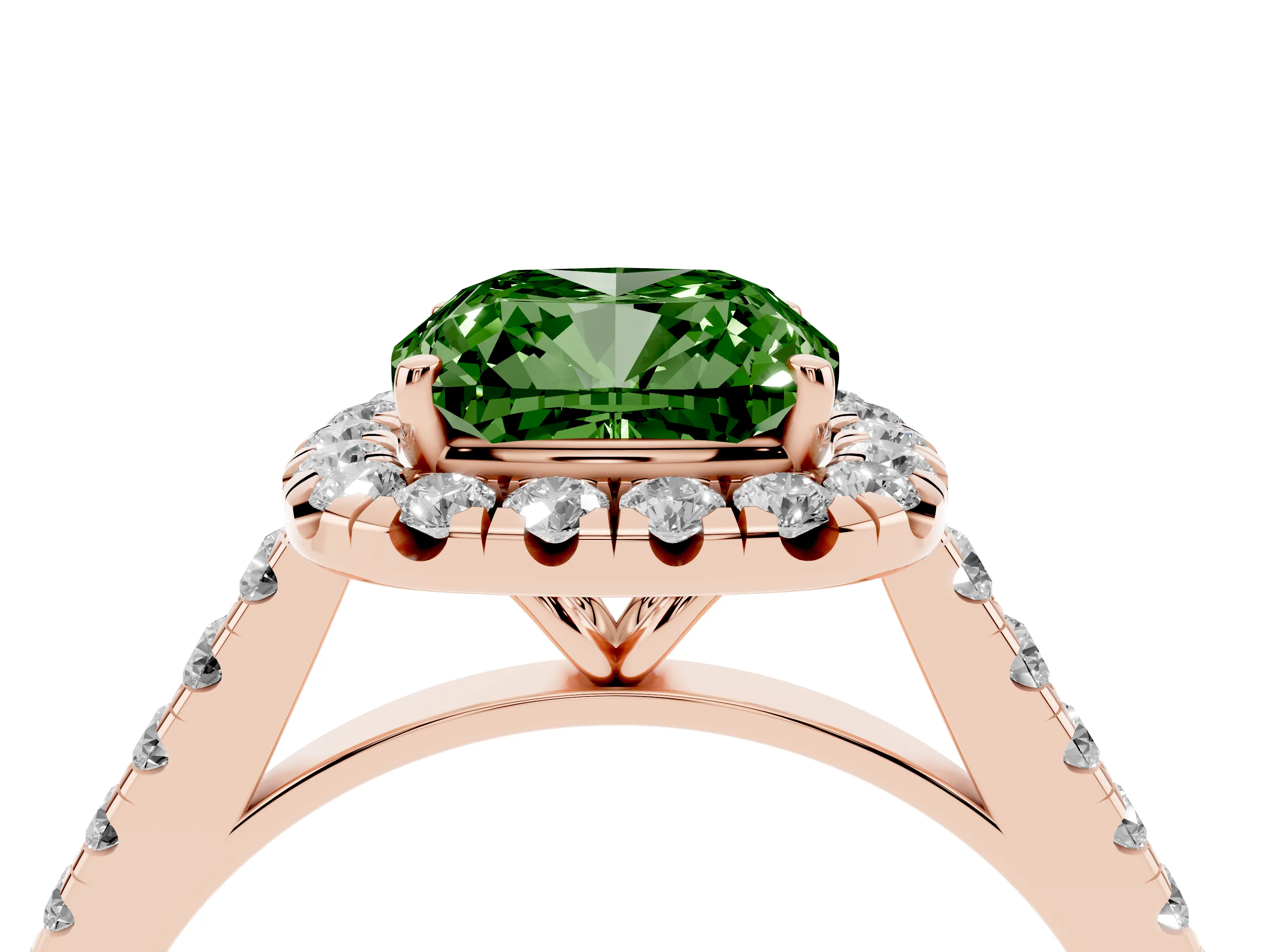 Fancy Green Cushion Cut Diamond Halo Pavé Engagement Ring Set in Rose gold with Prong Setting