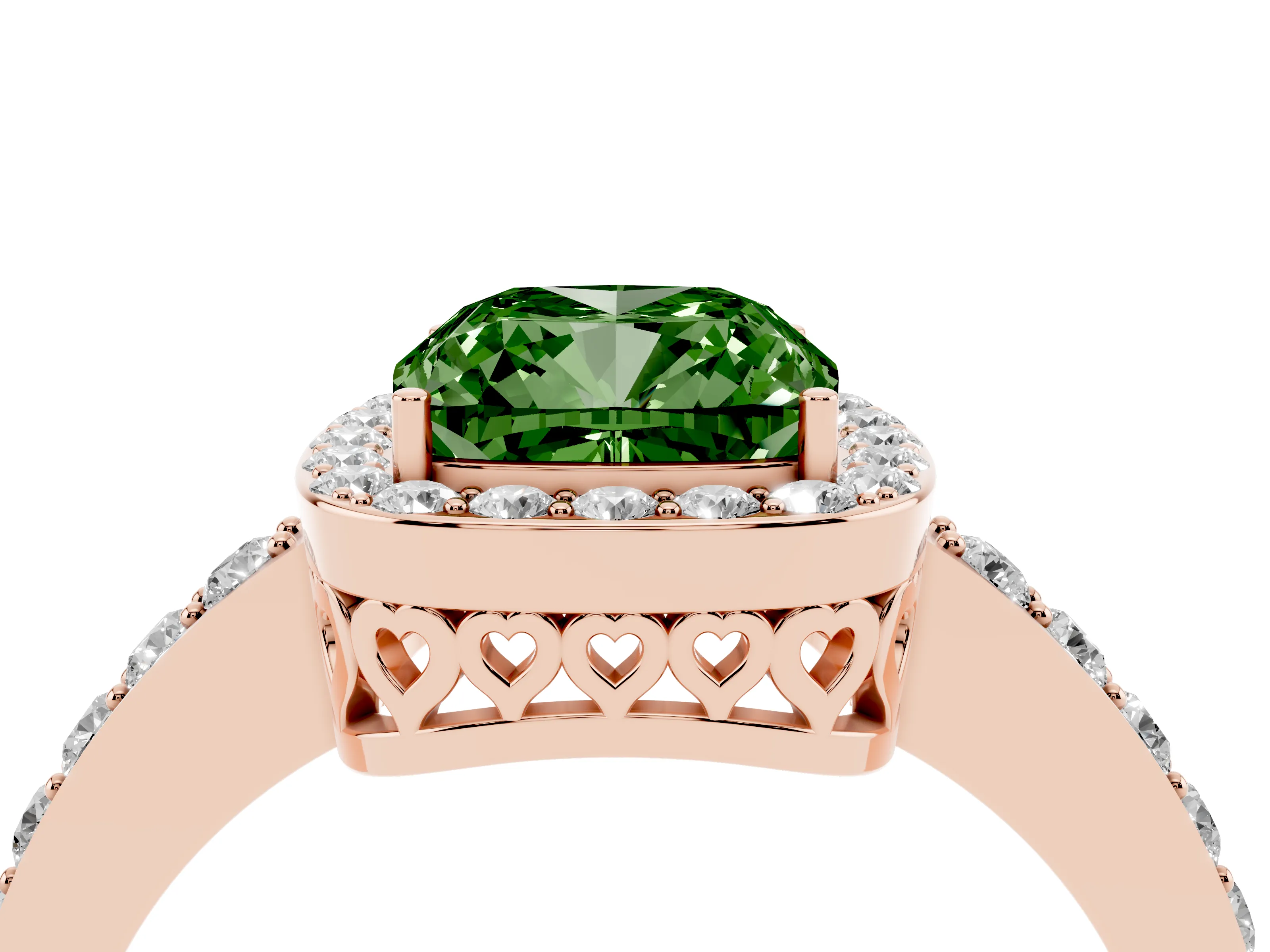 Fancy Green Cushion Cut Diamond Halo Ring Set in Rose gold with Pavé-Setting Band and Open Prong Center