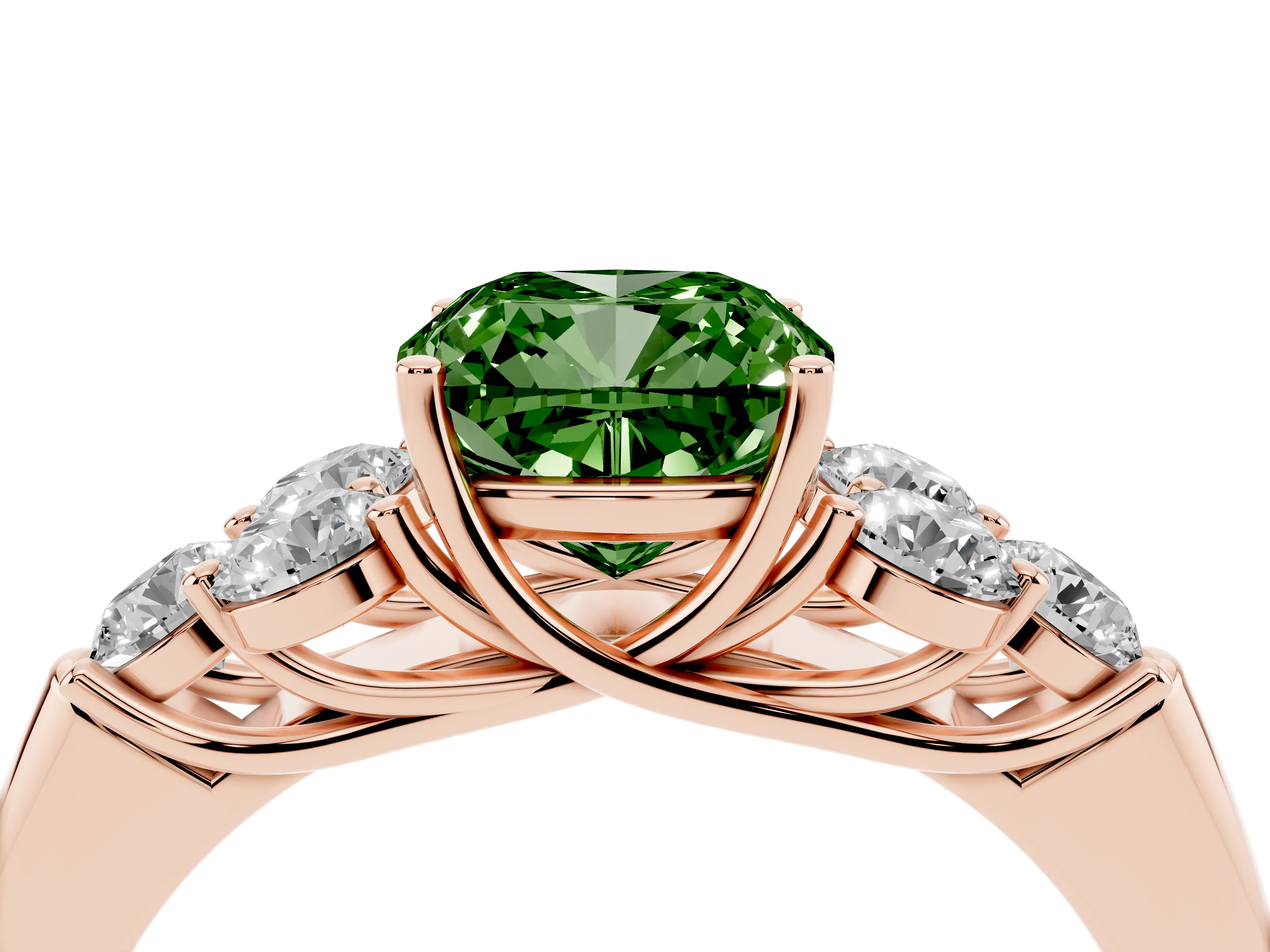 Fancy Green Cushion Cut Diamond Cluster Ring Set in Rose gold with Round Accent Stones and Prong Setting on a Plain Band
