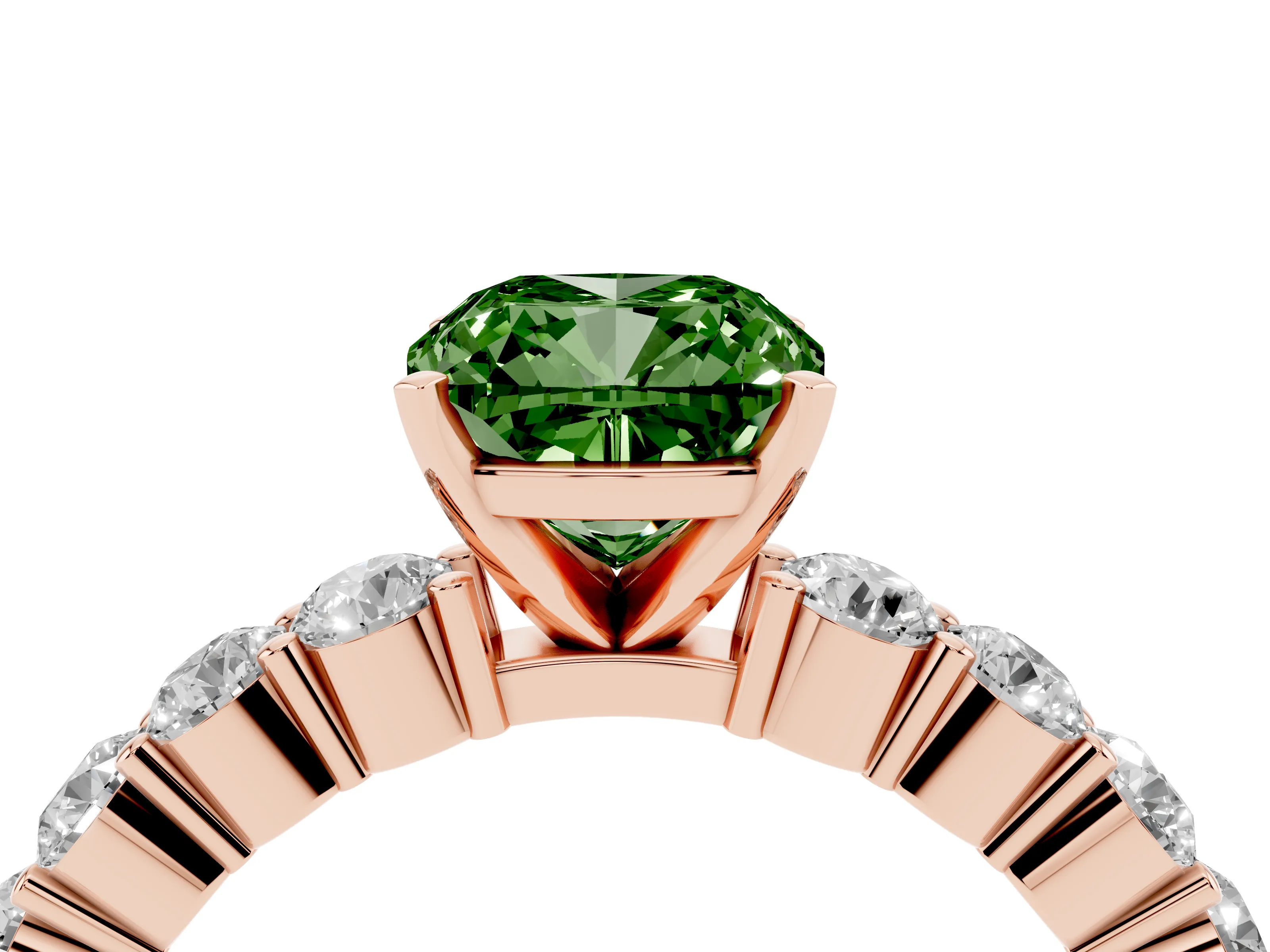 Fancy Green Cushion Cut Diamond Solitaire Ring Set in Rose gold with Shared Prong Round Side Stones