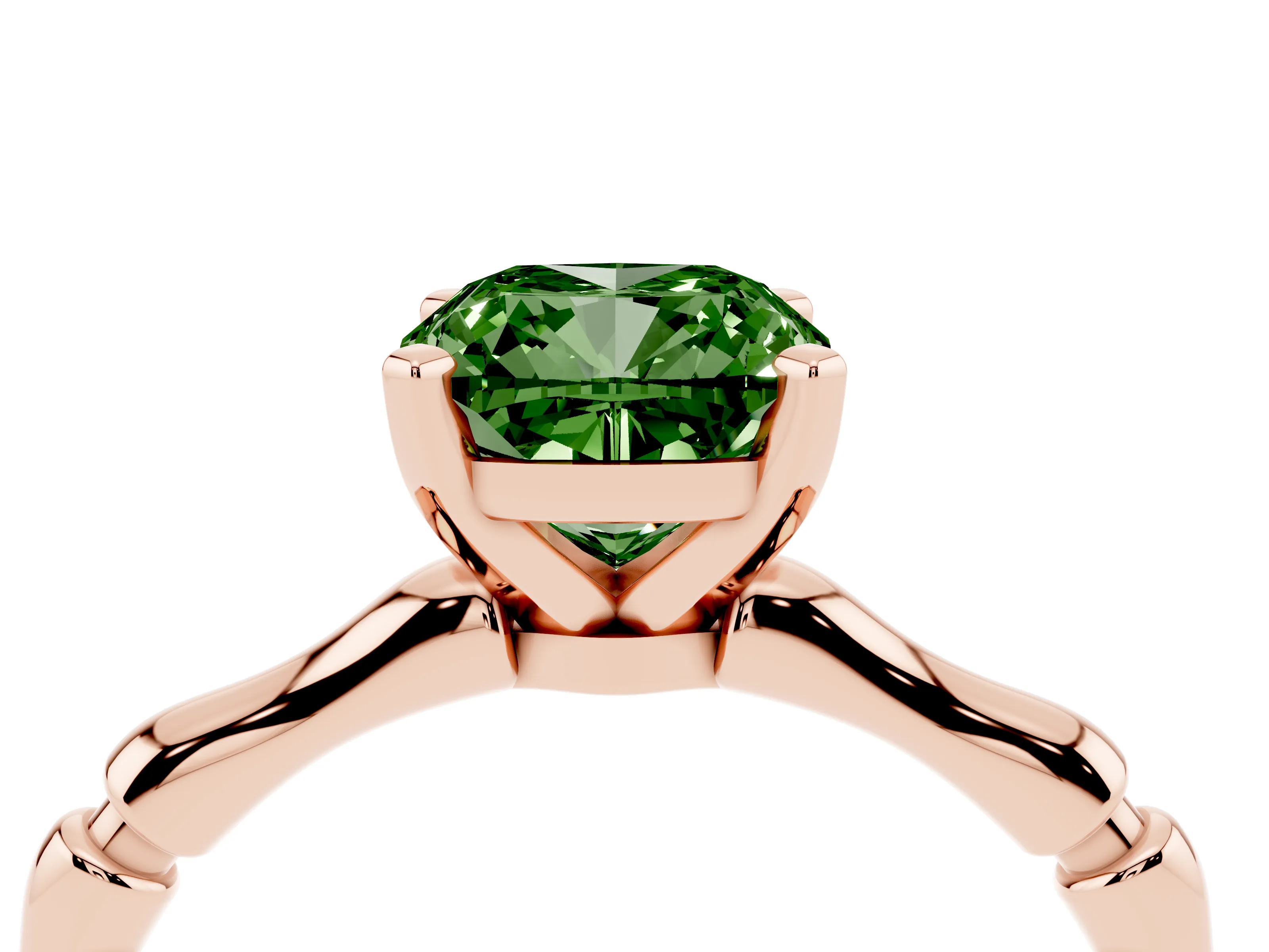 Fancy Green Cushion Cut Diamond Solitaire Ring Set in Rose gold with Bamboo Band and Prong Setting
