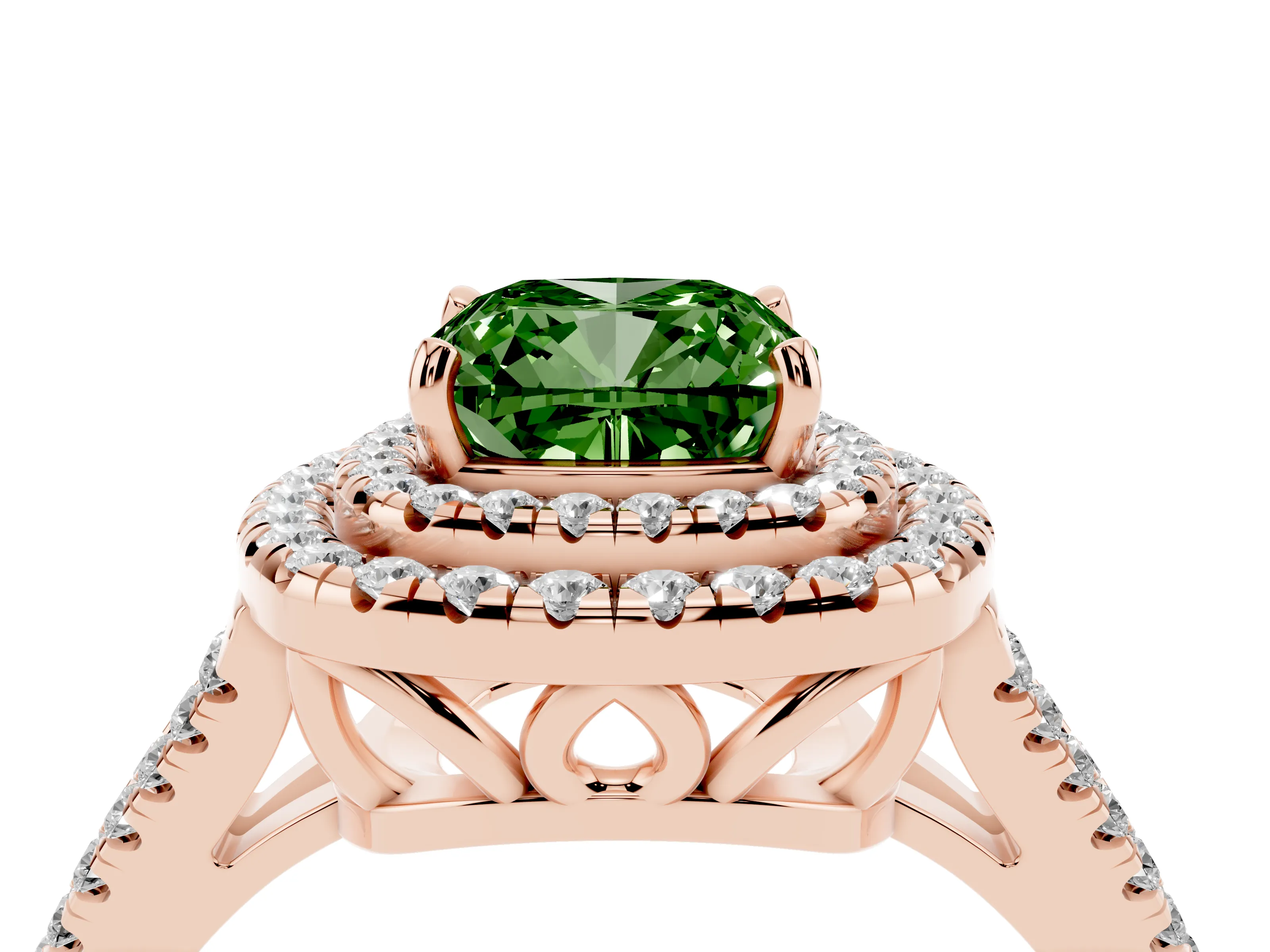 Fancy Green Cushion Cut Diamond Double Halo Ring Set in Rose gold with Pavé Band