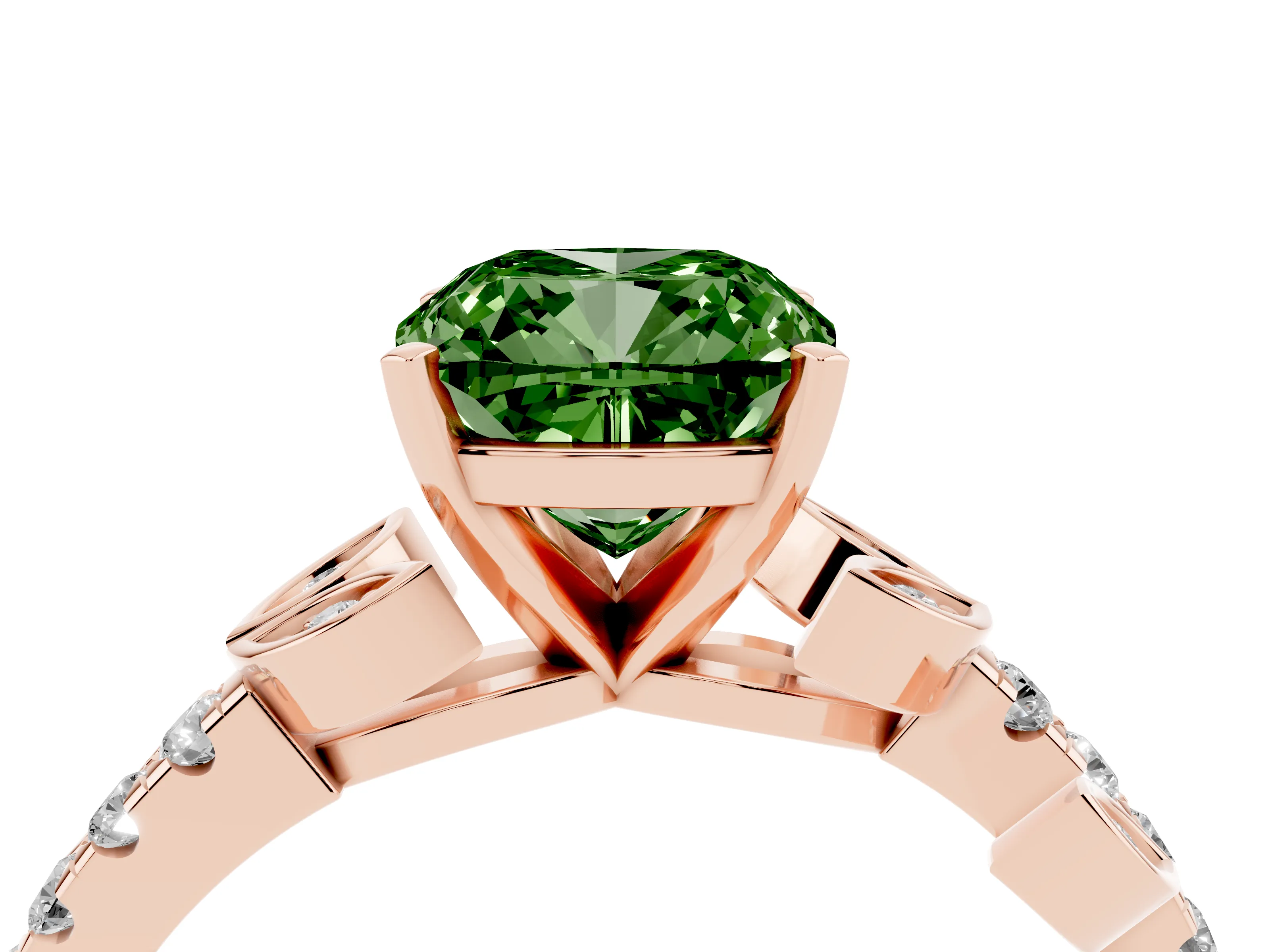Fancy Green Cushion Cut Diamond Solitaire Leaf-Inspired Ring Set in Rose gold with Pavé Band and Prong Setting