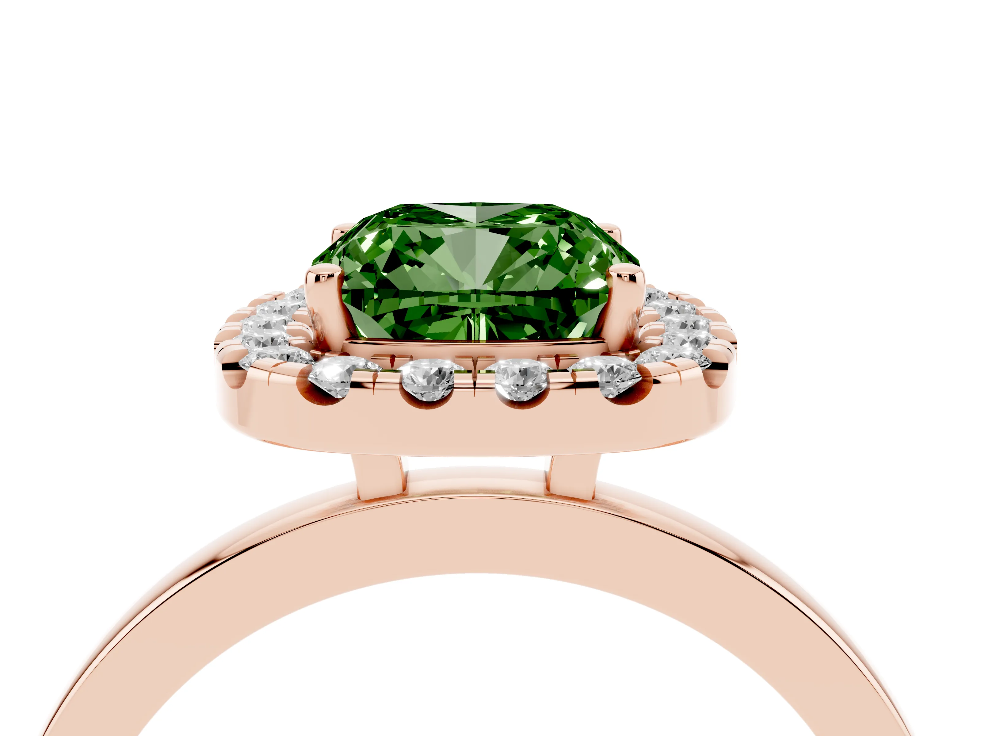 Fancy Green Cushion Cut Diamond Halo Solitaire Ring Set in Rose gold with Pavé Band and Prong Setting