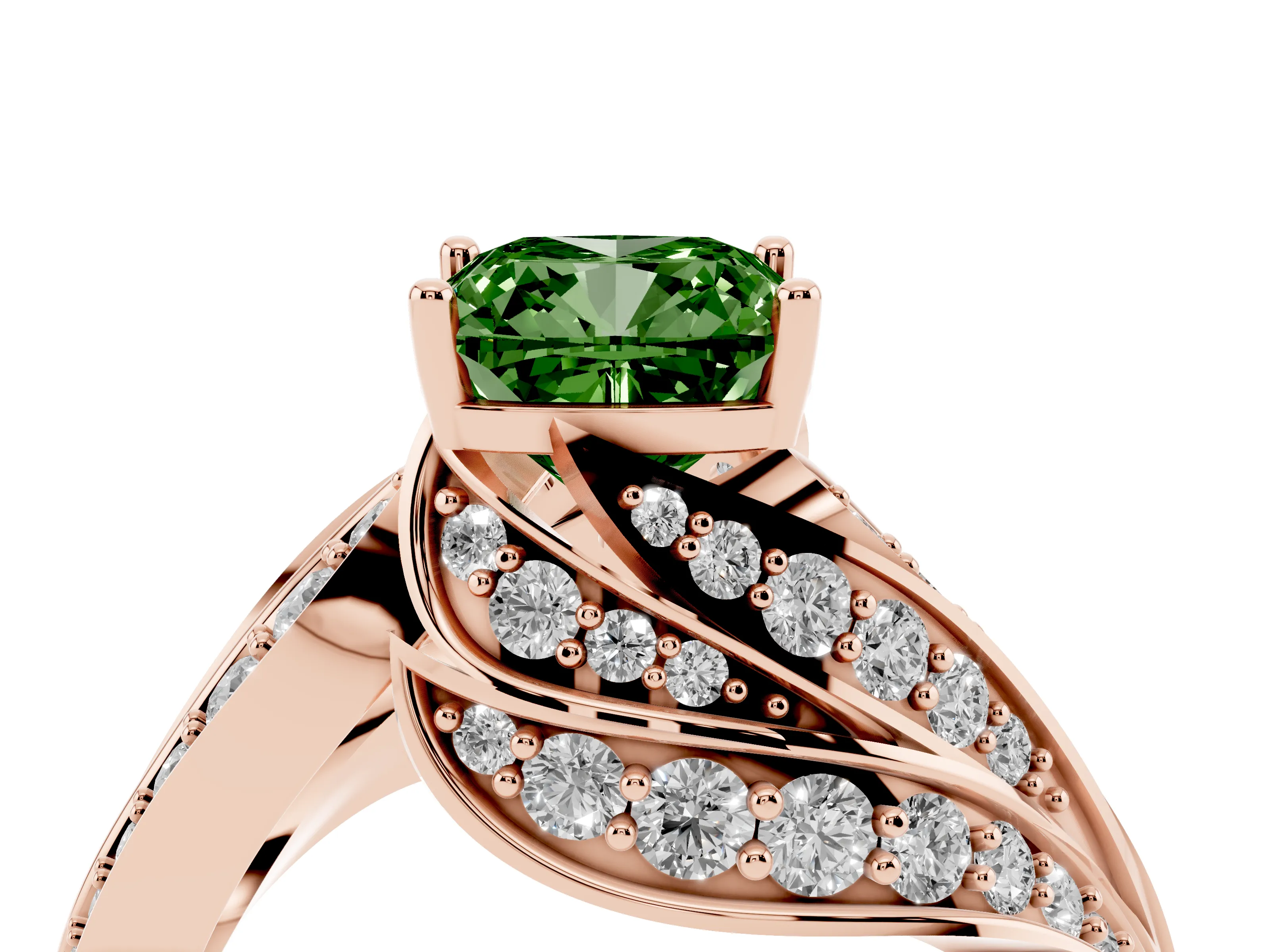 Fancy Green Cushion Cut Diamond Solitaire Ring Set in Rose gold with Layered Twist Pavé Band