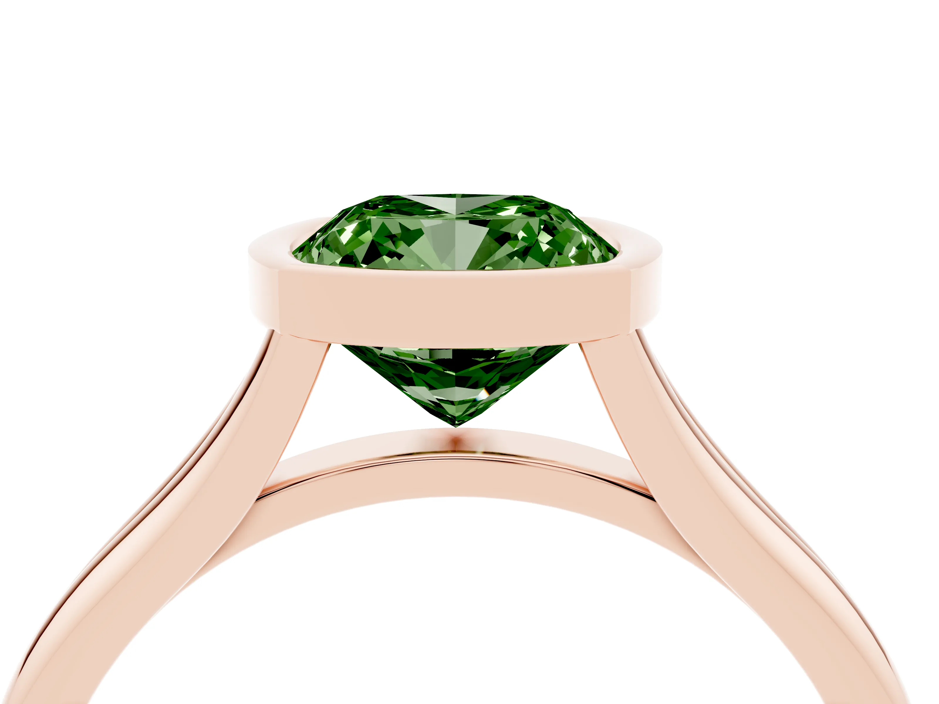 Fancy Green Bezel Set Cushion Cut Diamond Solitaire Ring Set in Rose gold with Tapered Band