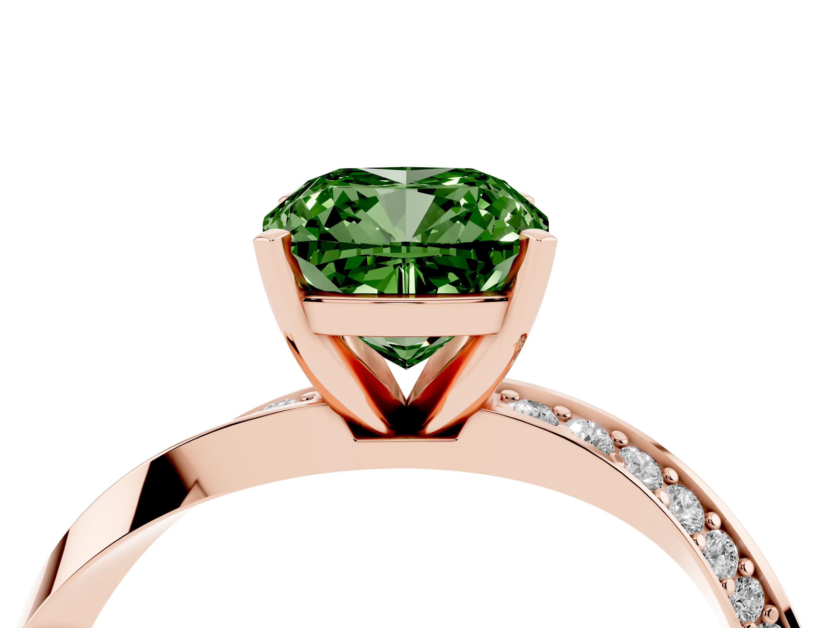 Fancy Green Cushion Cut Diamond Engagement Ring Set in Rose gold with Side Stone Accents and Prong Setting