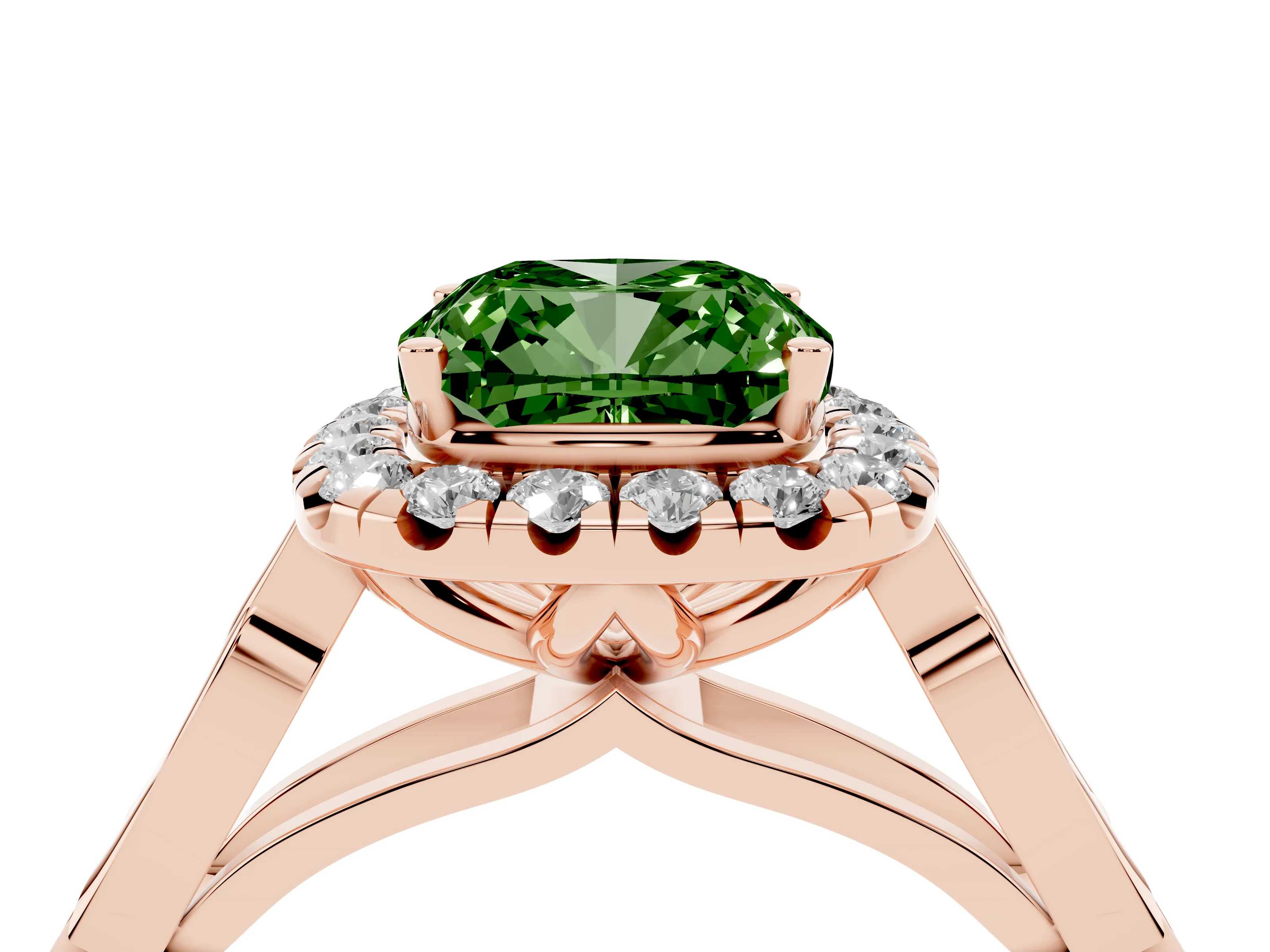 Fancy Green Cushion Cut Diamond Halo Engagement Ring Set in Rose gold with Filigree Band and Prong-Set Center
