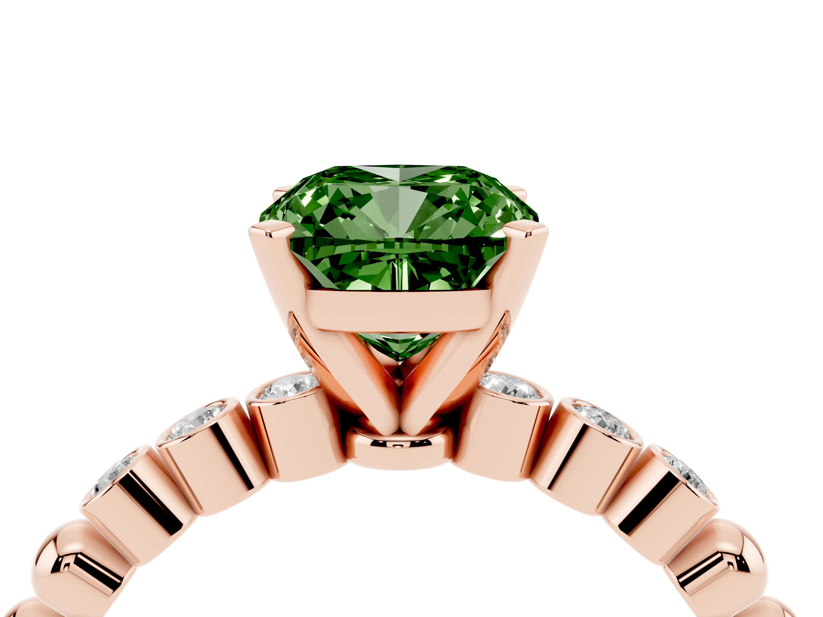 Fancy Green Cushion Cut Diamond Solitaire Engagement Ring Set in Rose gold with Bezel Accents on Beaded Band
