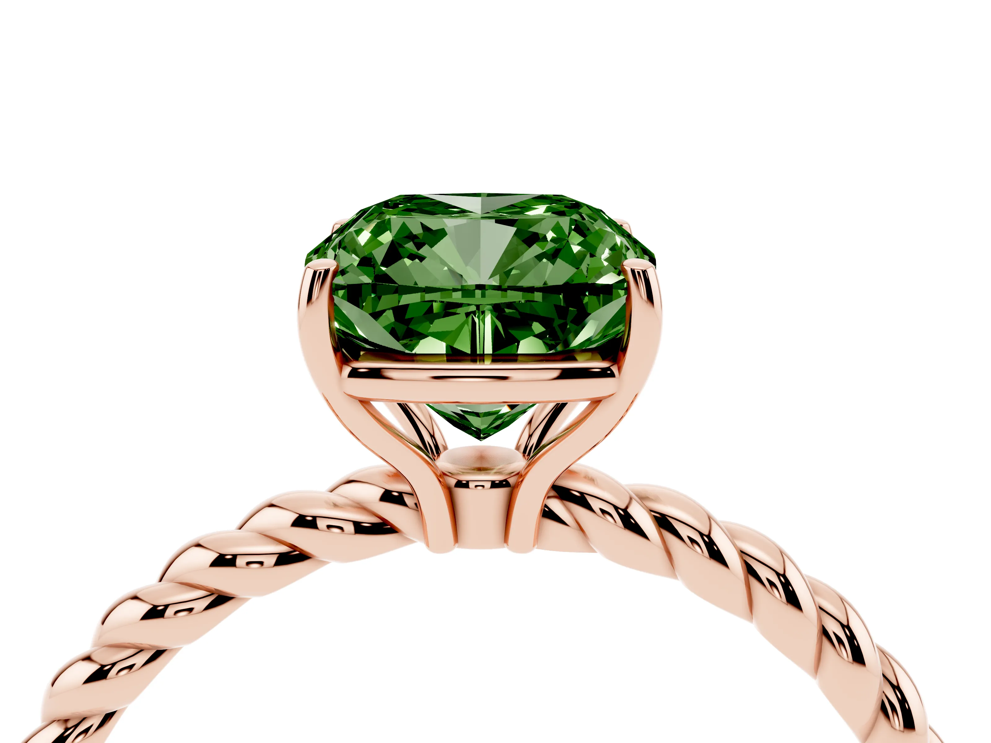 Fancy Green Cushion Cut Diamond Solitaire Ring Set in Rose gold with Twist Band and Prong Setting