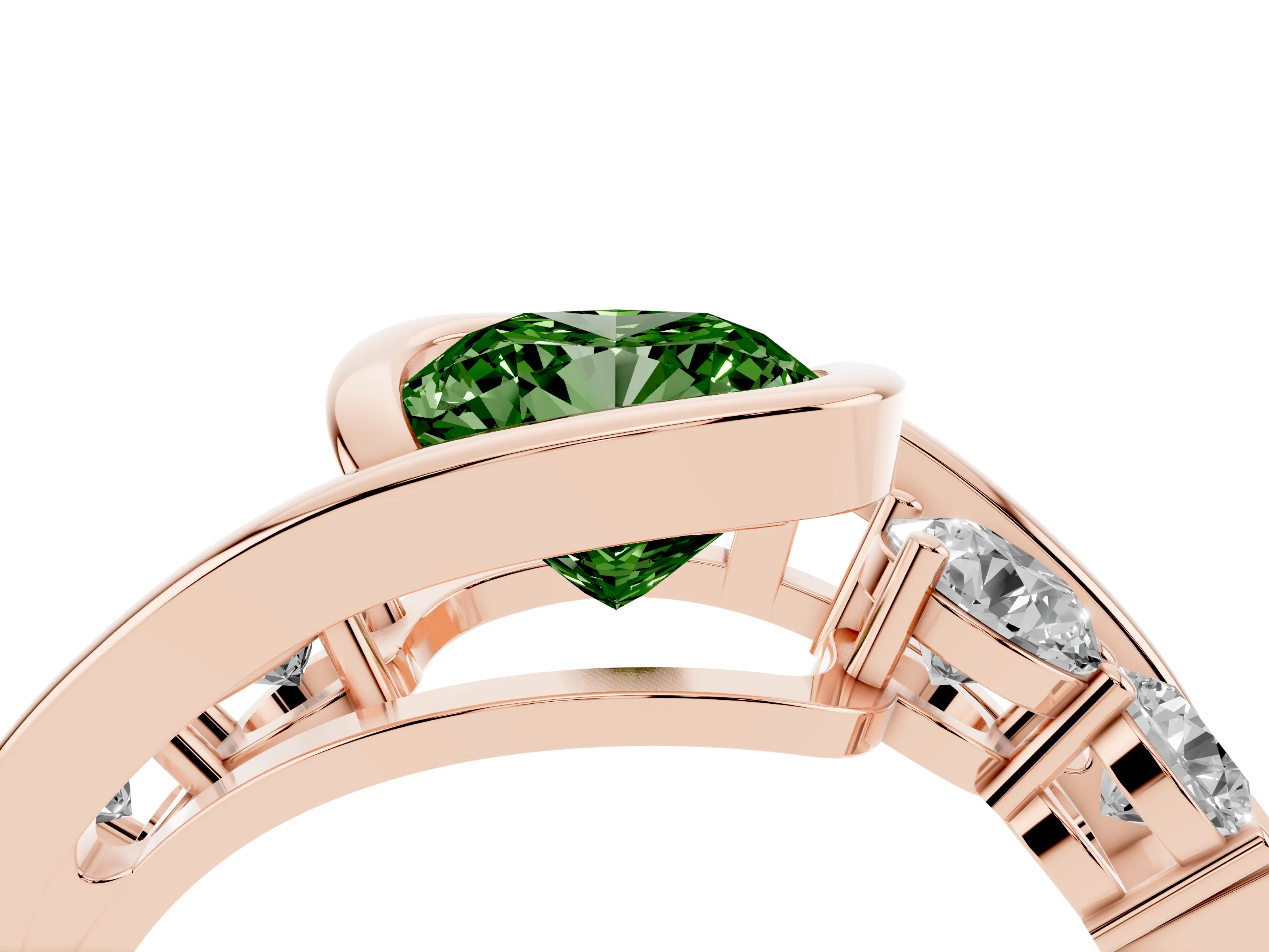 Fancy Green Cushion Cut Diamond Bezel Bypass Ring Set in Rose gold with Round Accents