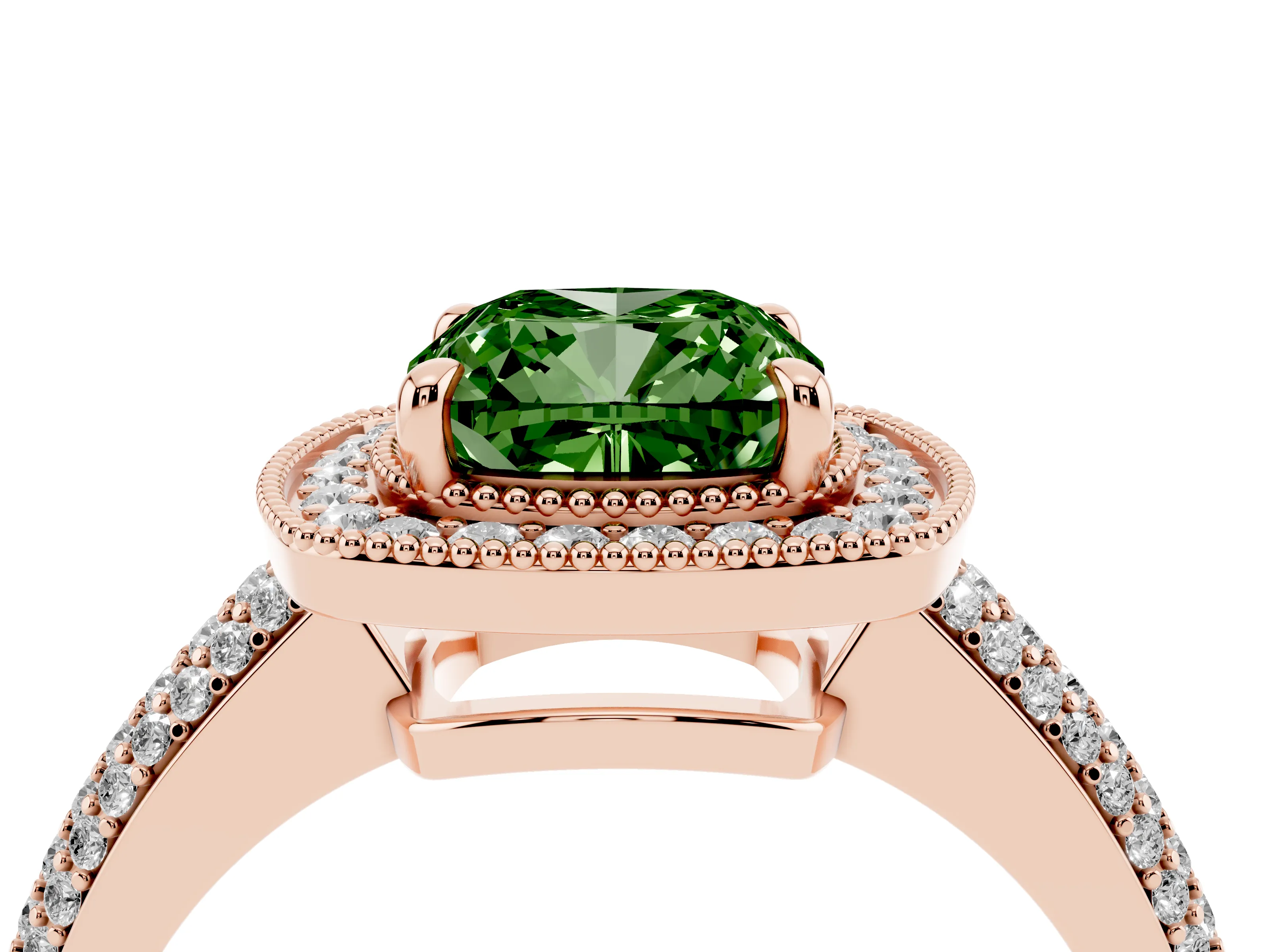 Fancy Green Cushion Cut Diamond Halo Pavé Band Set in Rose gold with Prong Setting