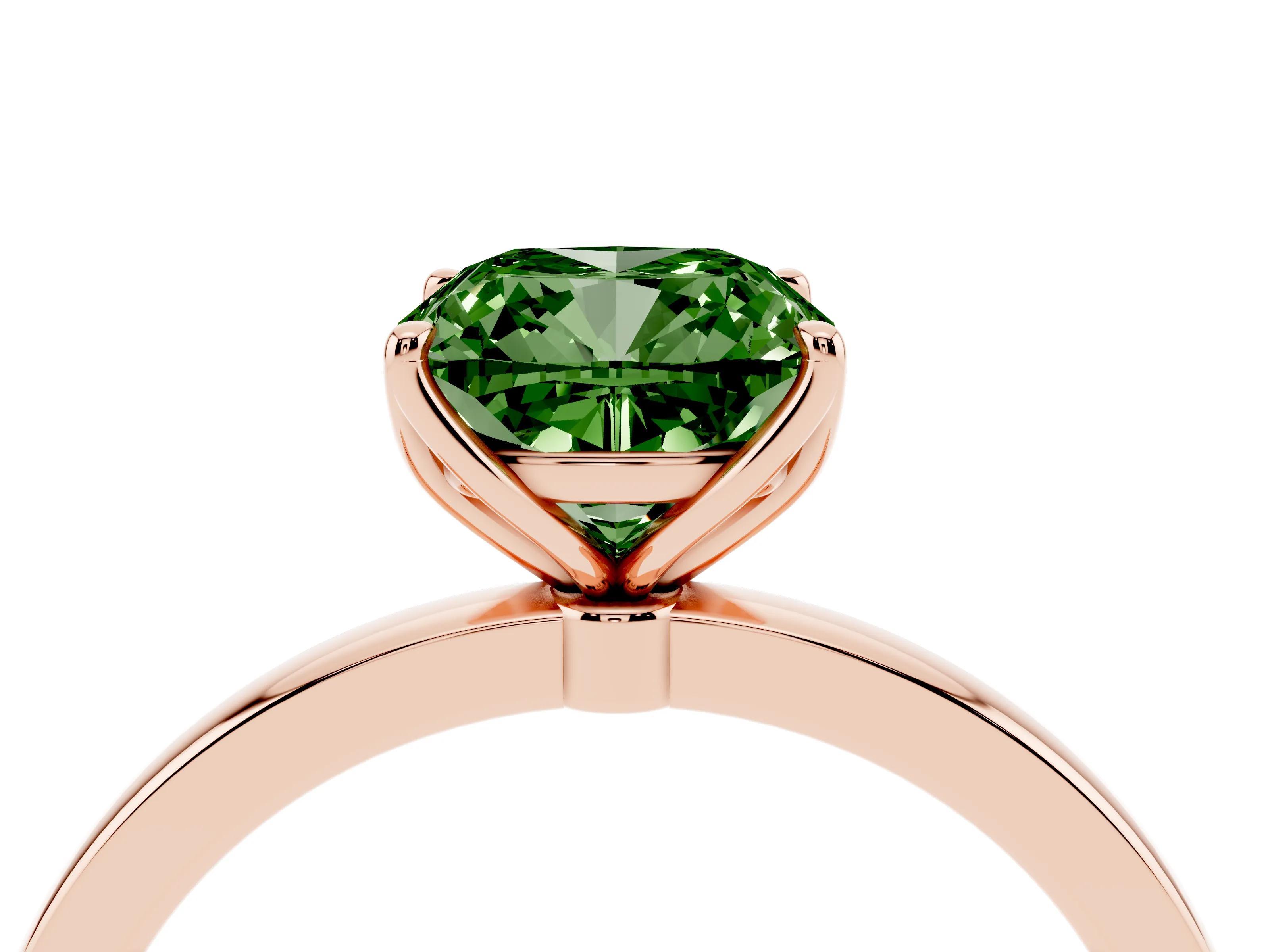 Fancy Green Cushion Cut Diamond Solitaire Ring Set in Rose gold with Prong Setting and Thin Polished Band