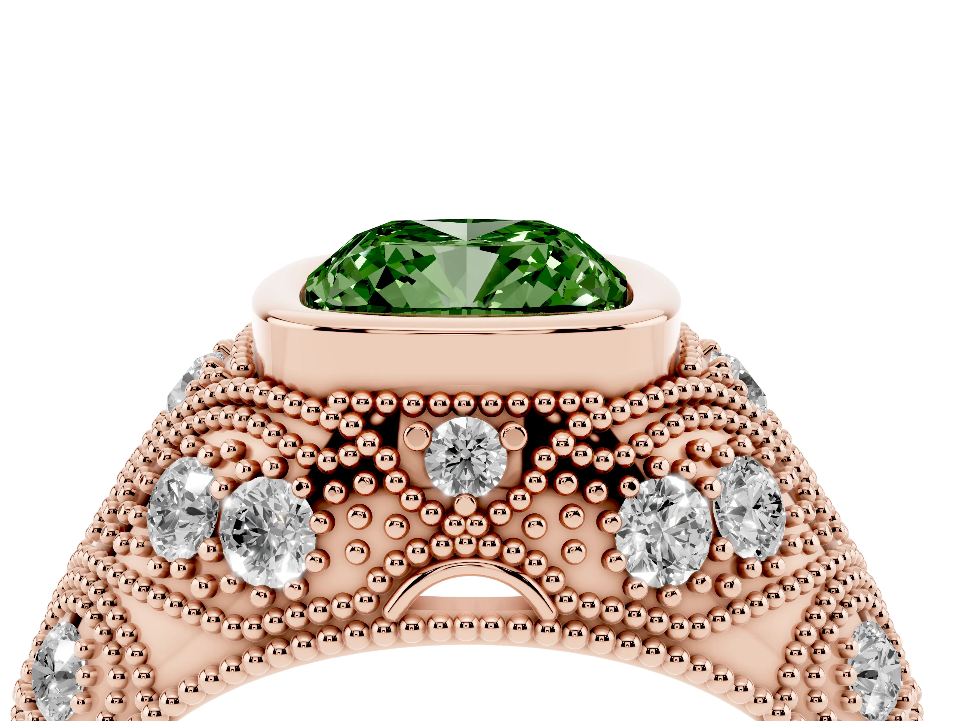 Fancy Green Cushion Cut Diamond Bezel Ring Set in Rose gold with Milgrain Accent Band