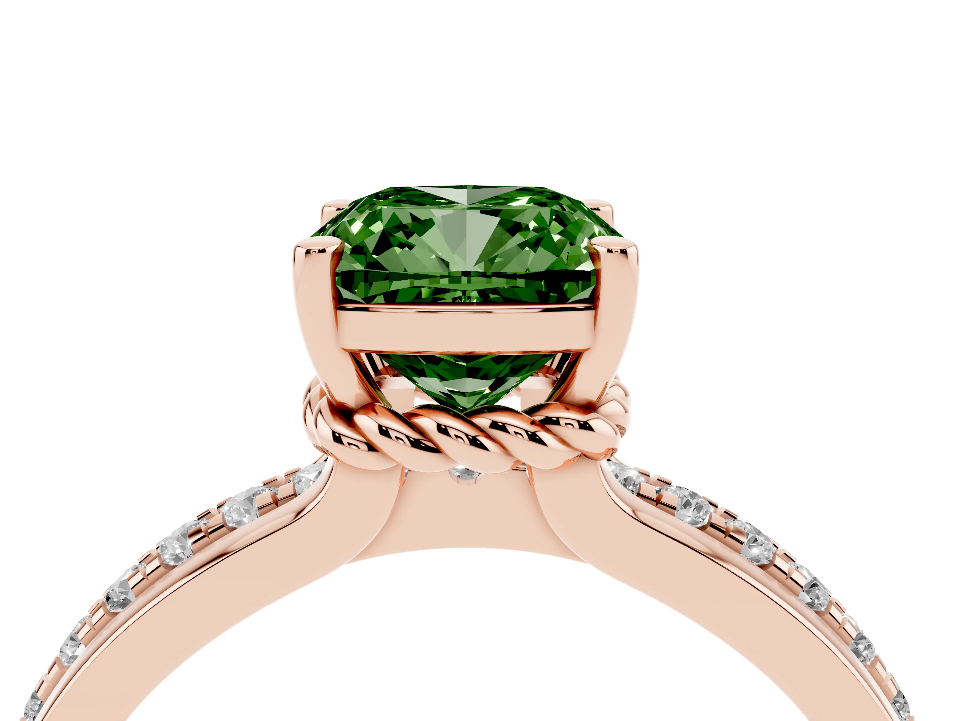 Fancy Green Cushion Cut Diamond Solitaire Ring Set in Rose gold with Channel Set Band and Prong Setting