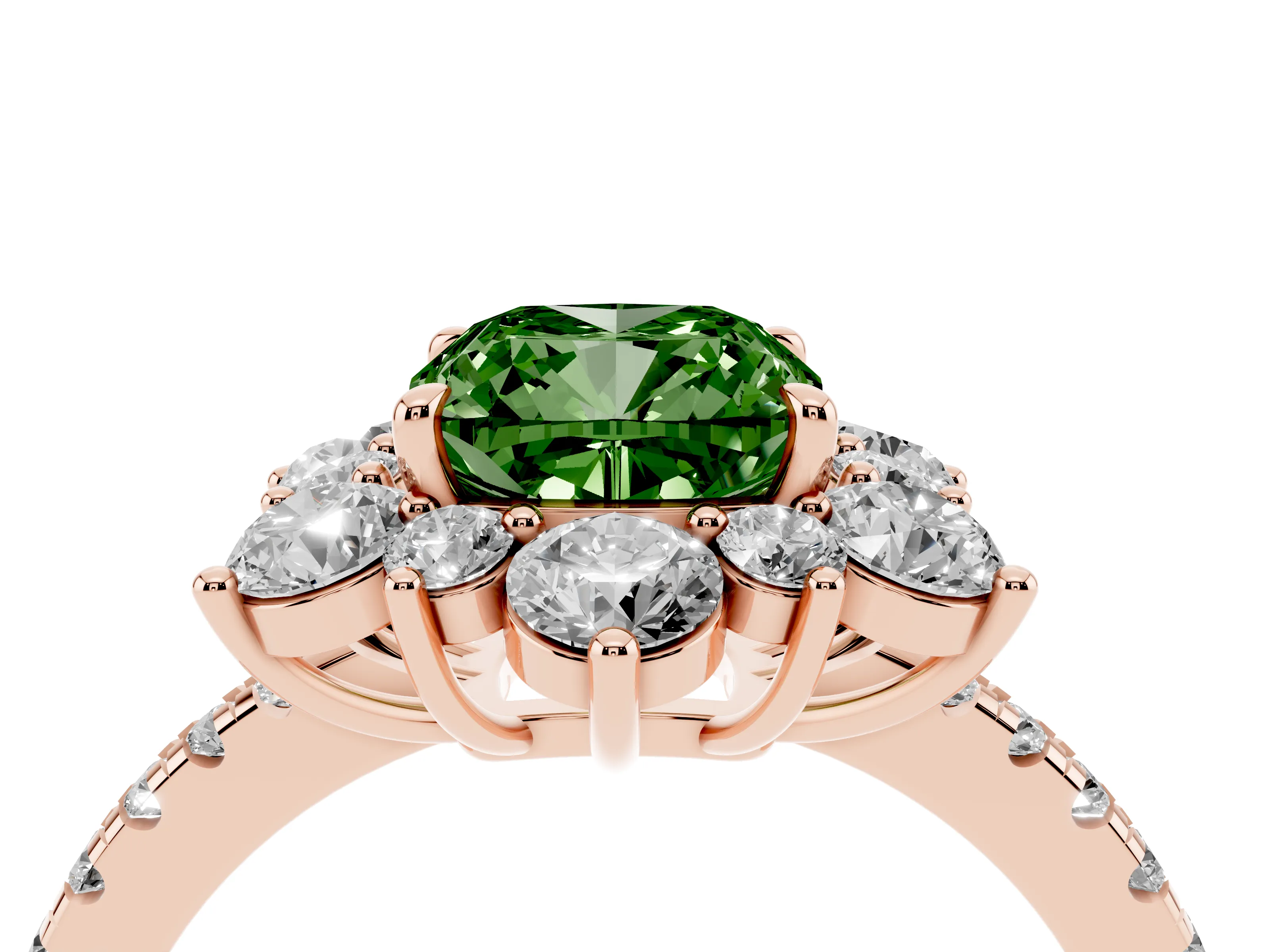 Fancy Green Cushion Cut Diamond Floral Halo Ring Set in Rose gold with Round Pavé Band and Prong Setting