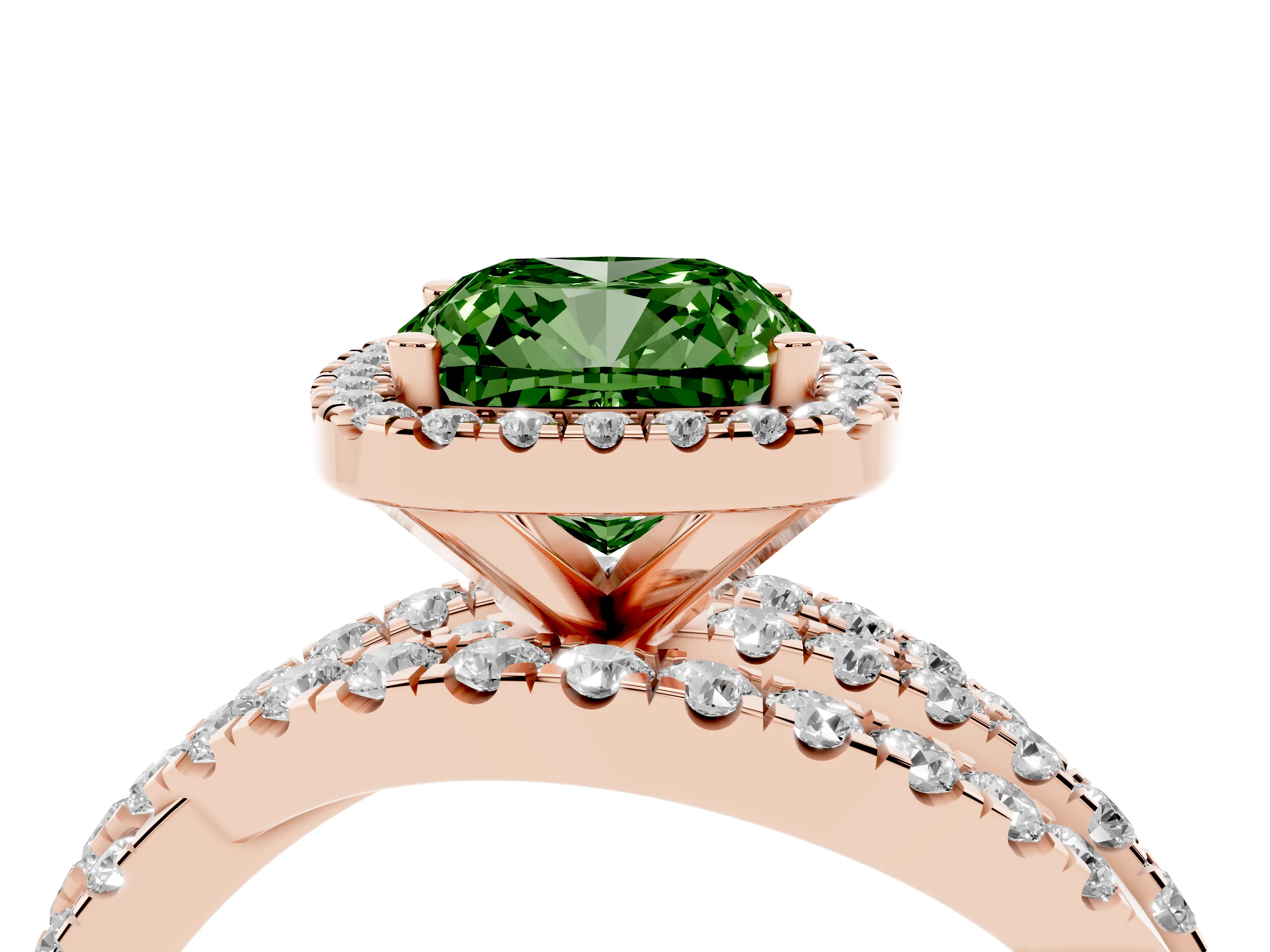 Fancy Green Cushion Cut Diamond Halo Ring Set in Rose gold with Round Crossover Split Shank and Prong Setting