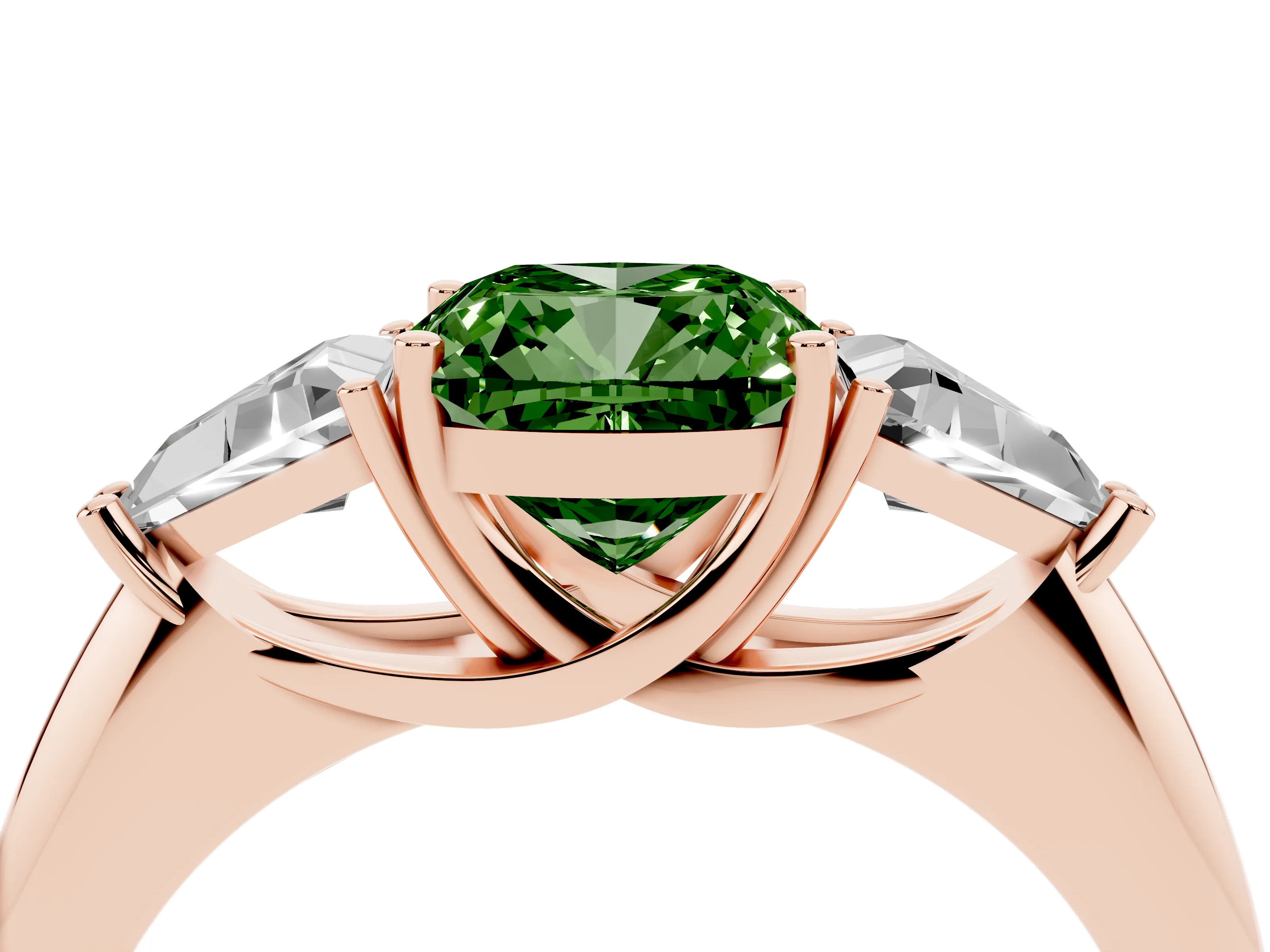 Fancy Green Cushion Cut Diamond Three-Stone Engagement Ring Set in Rose gold with Trillion Side Stones