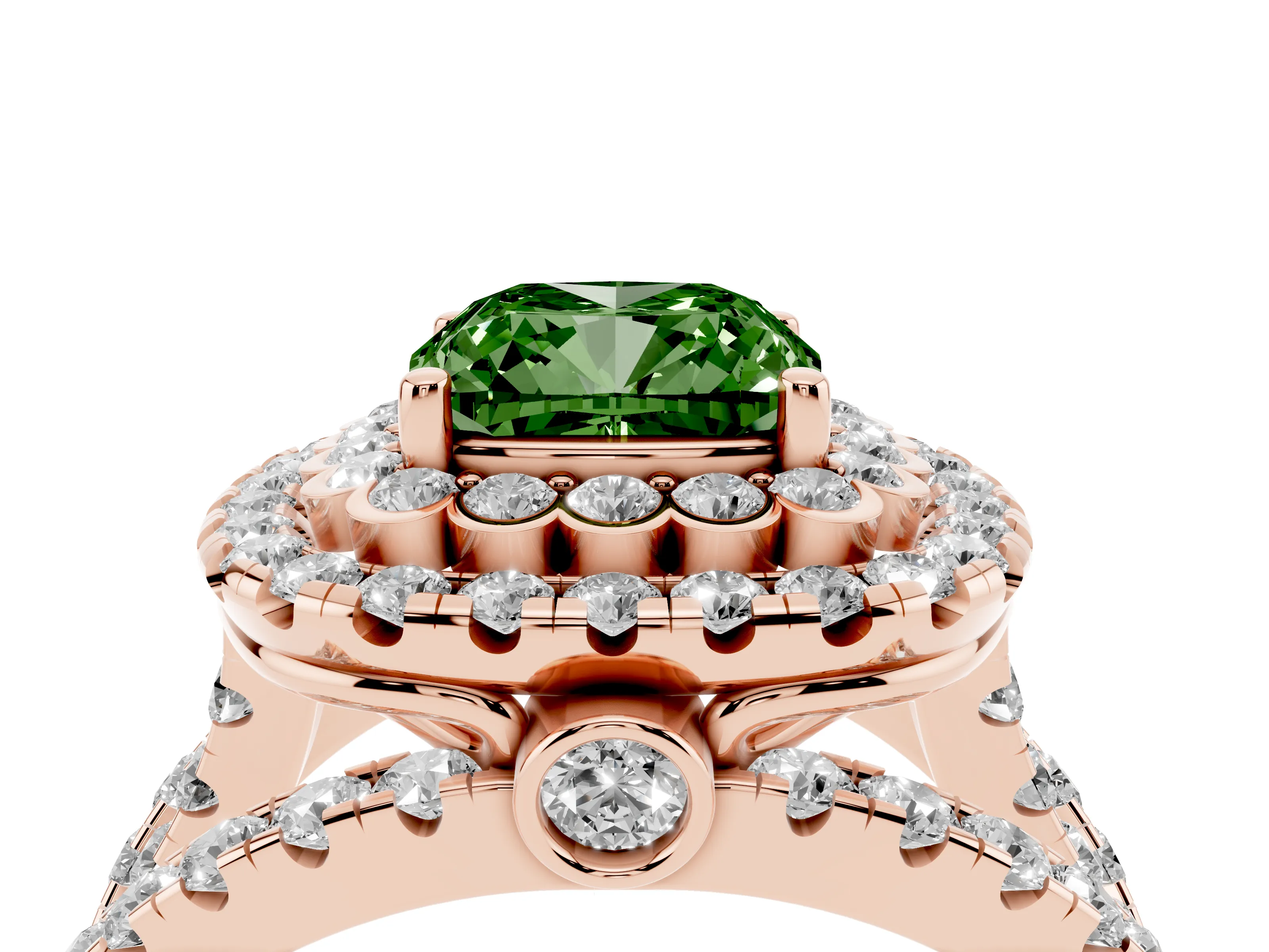 Fancy Green Cushion Cut Diamond Double Halo Ring Set in Rose gold with Round Pavé Split Shank