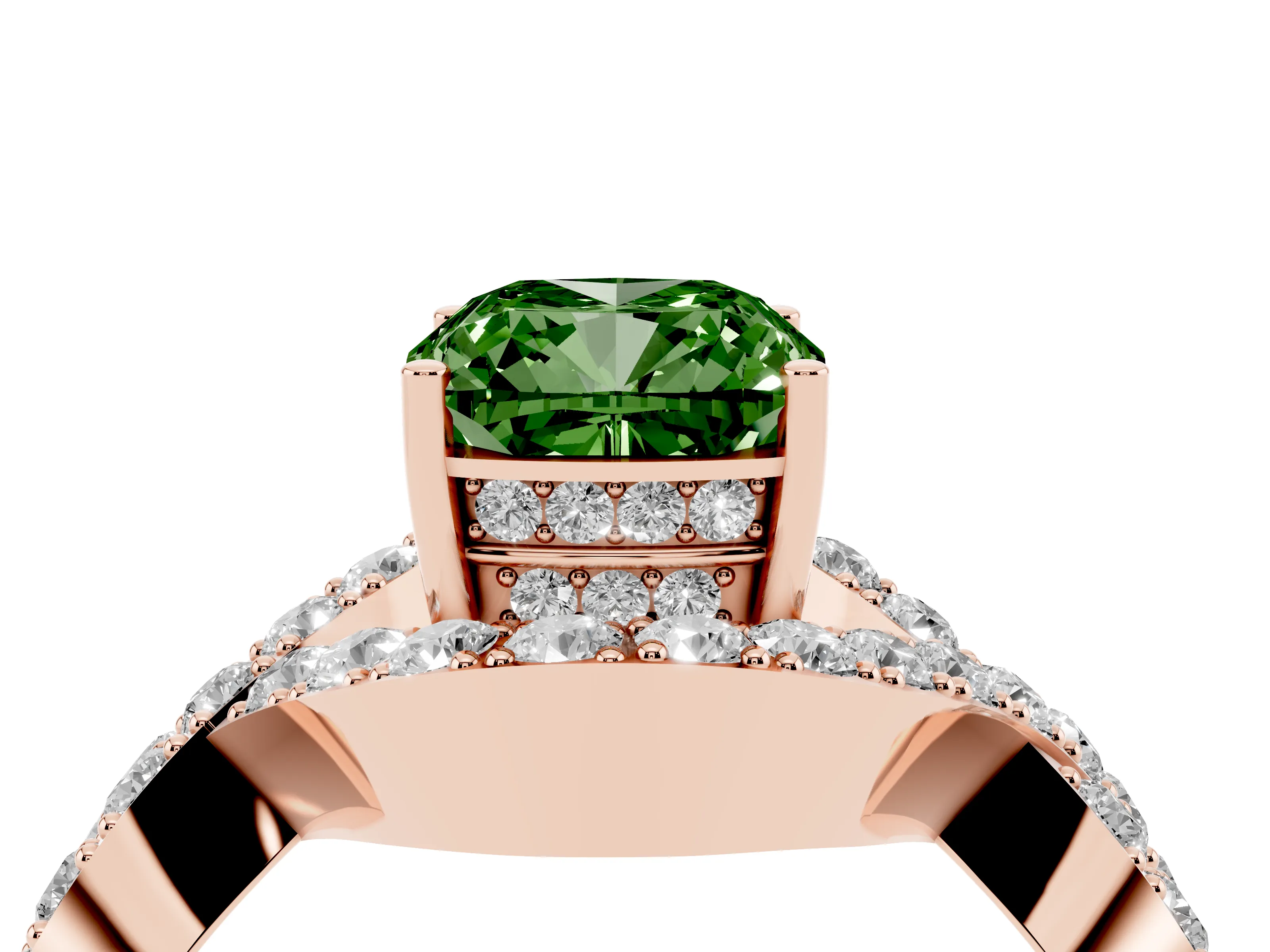 Fancy Green Cushion Cut Diamond Solitaire Twist Band Pavé Engagement Ring Set in Rose gold