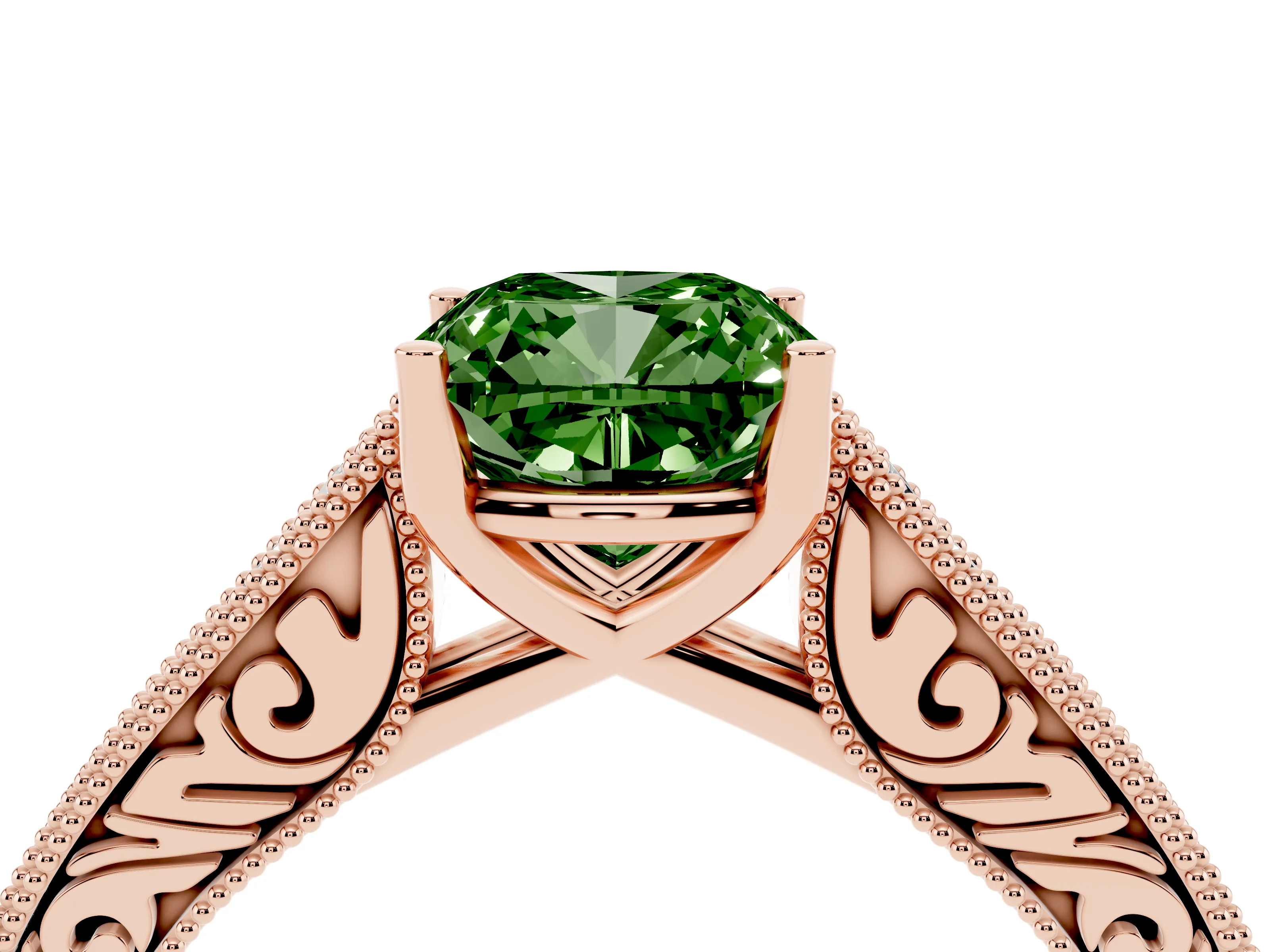 Fancy Green Cushion Cut Diamond Milgrain Pavé Band Solitaire Ring Set in Rose gold with Prong Setting