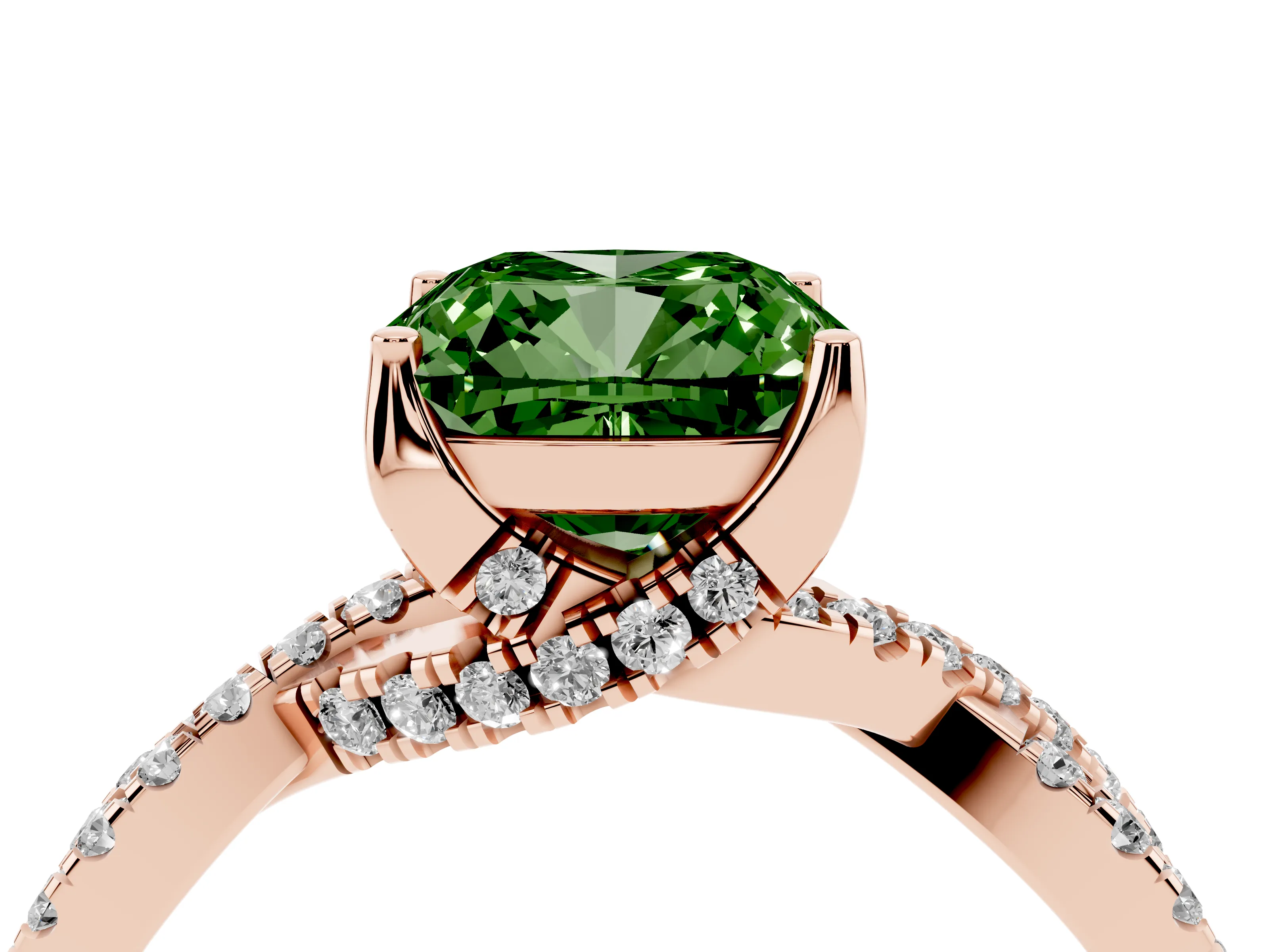 Fancy Green Cushion Cut Diamond Twist Pavé Solitaire Engagement Ring Set in Rose gold with Prong Setting