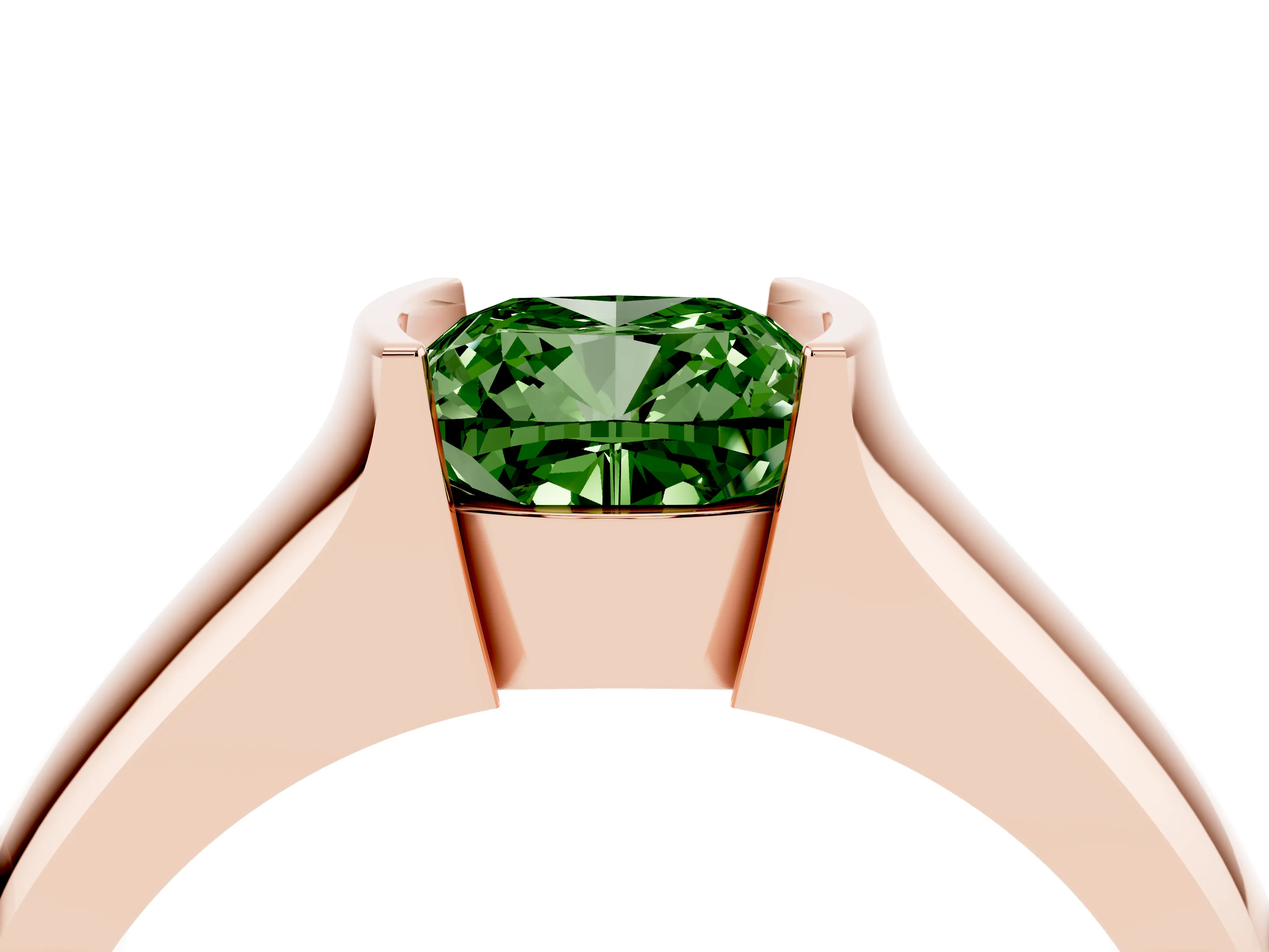 Fancy Green Cushion Cut Diamond Bezel Solitaire Ring Set in Rose gold with Wide Band
