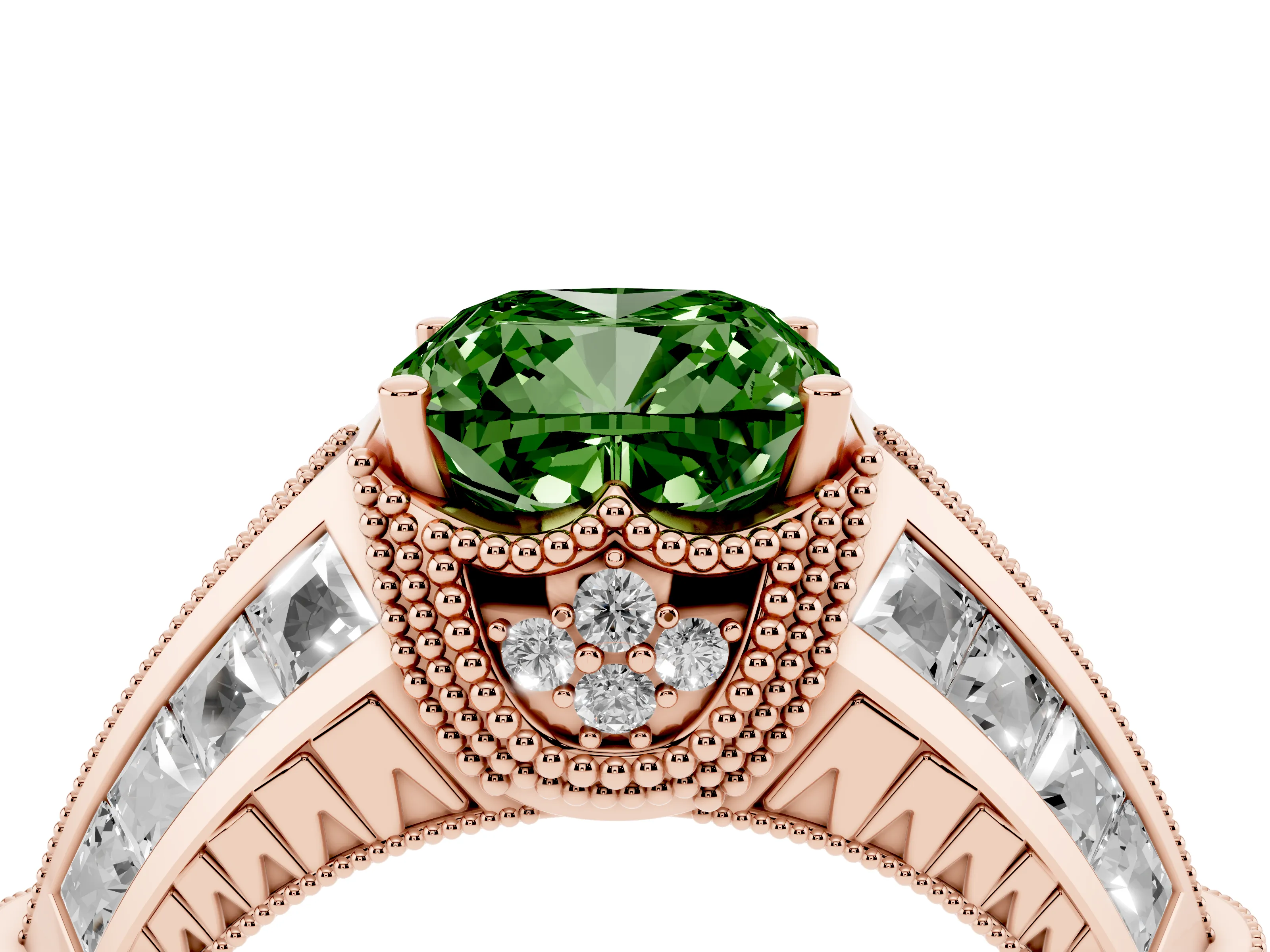 Fancy Green Cushion Cut Diamond Vintage-Inspired Milgrain Ring Set in Rose gold with Accent Split Shank