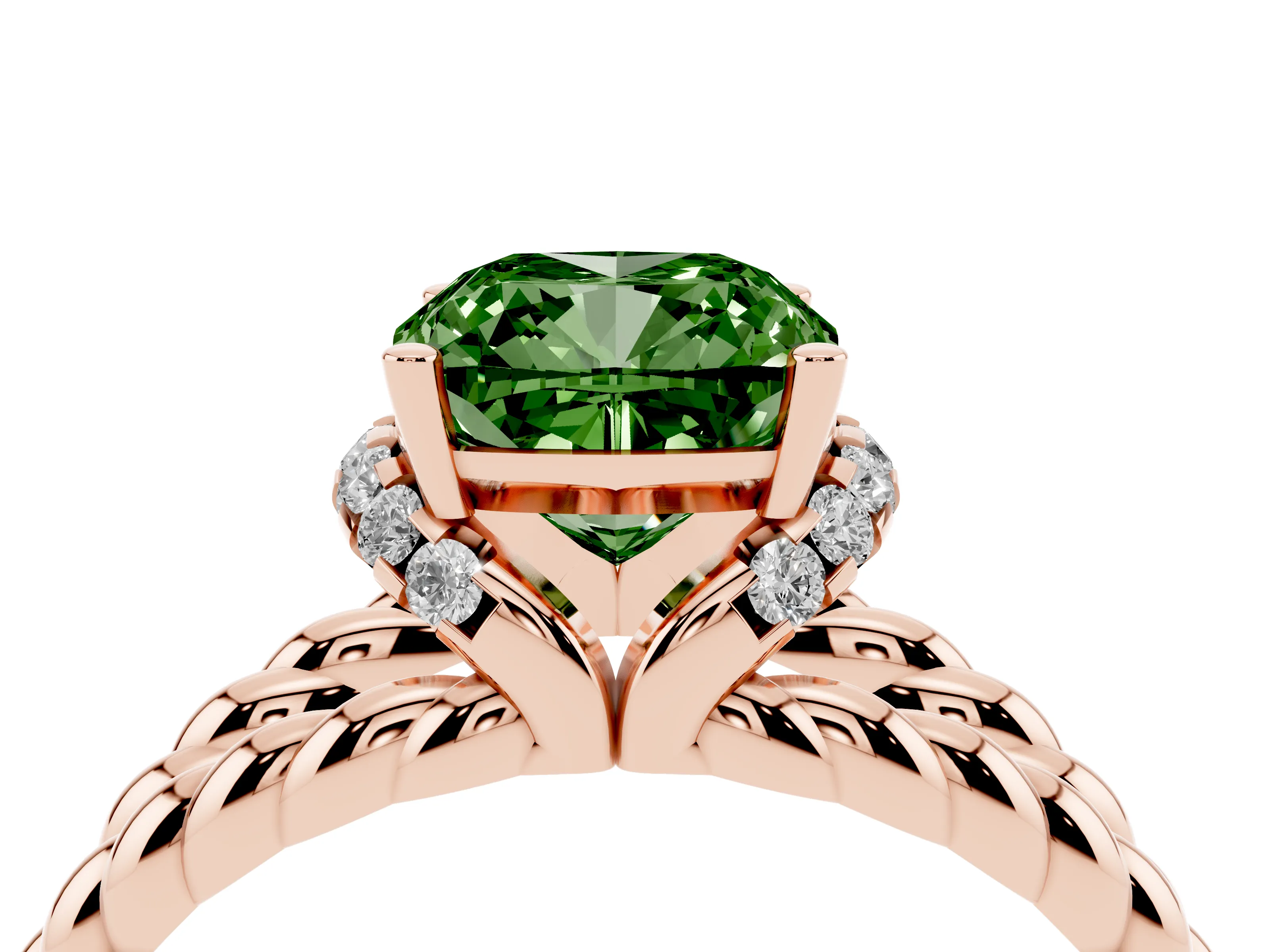 Fancy Green Cushion Cut Diamond Halo Ring Set in Rose gold with Twisted Band and Prong Setting