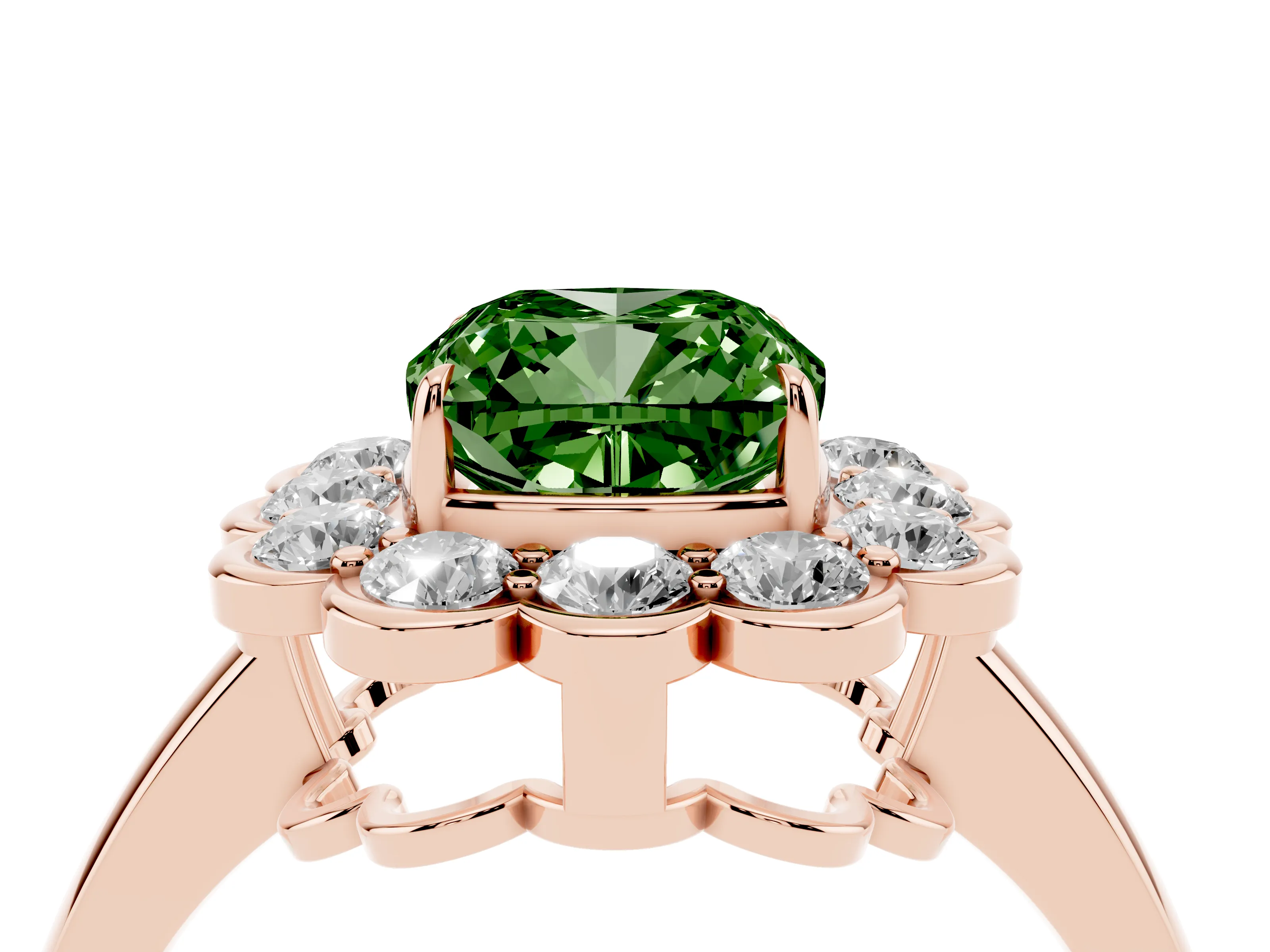 Fancy Green Cushion Cut Diamond Halo Cluster Engagement Ring Set in Rose gold with Solitaire Band and Prong Setting