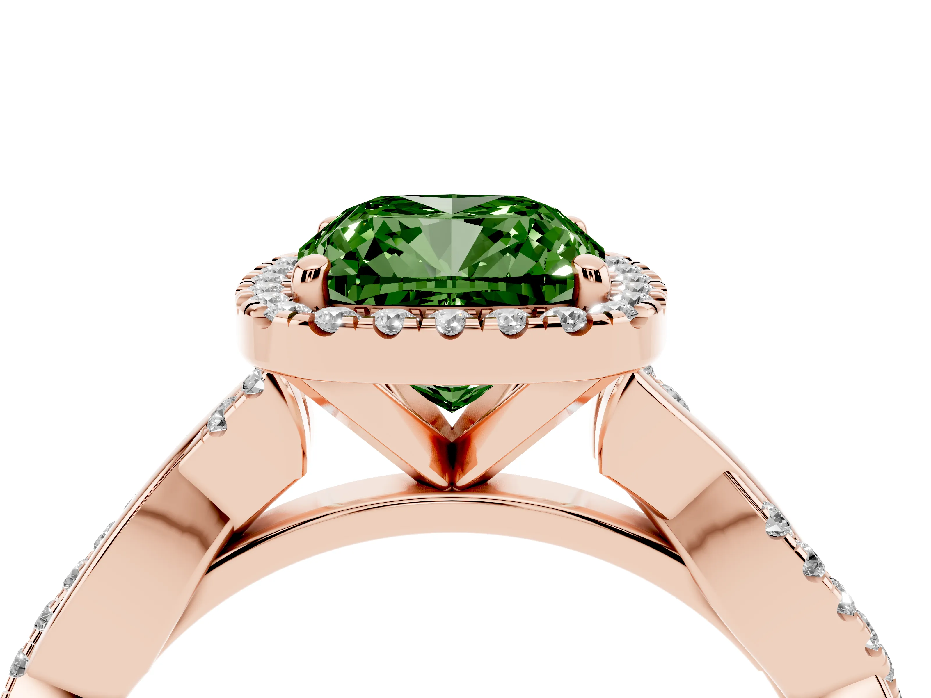 Fancy Green Cushion Cut Diamond Halo Twisted Band Ring Set in Rose gold with Prong Setting