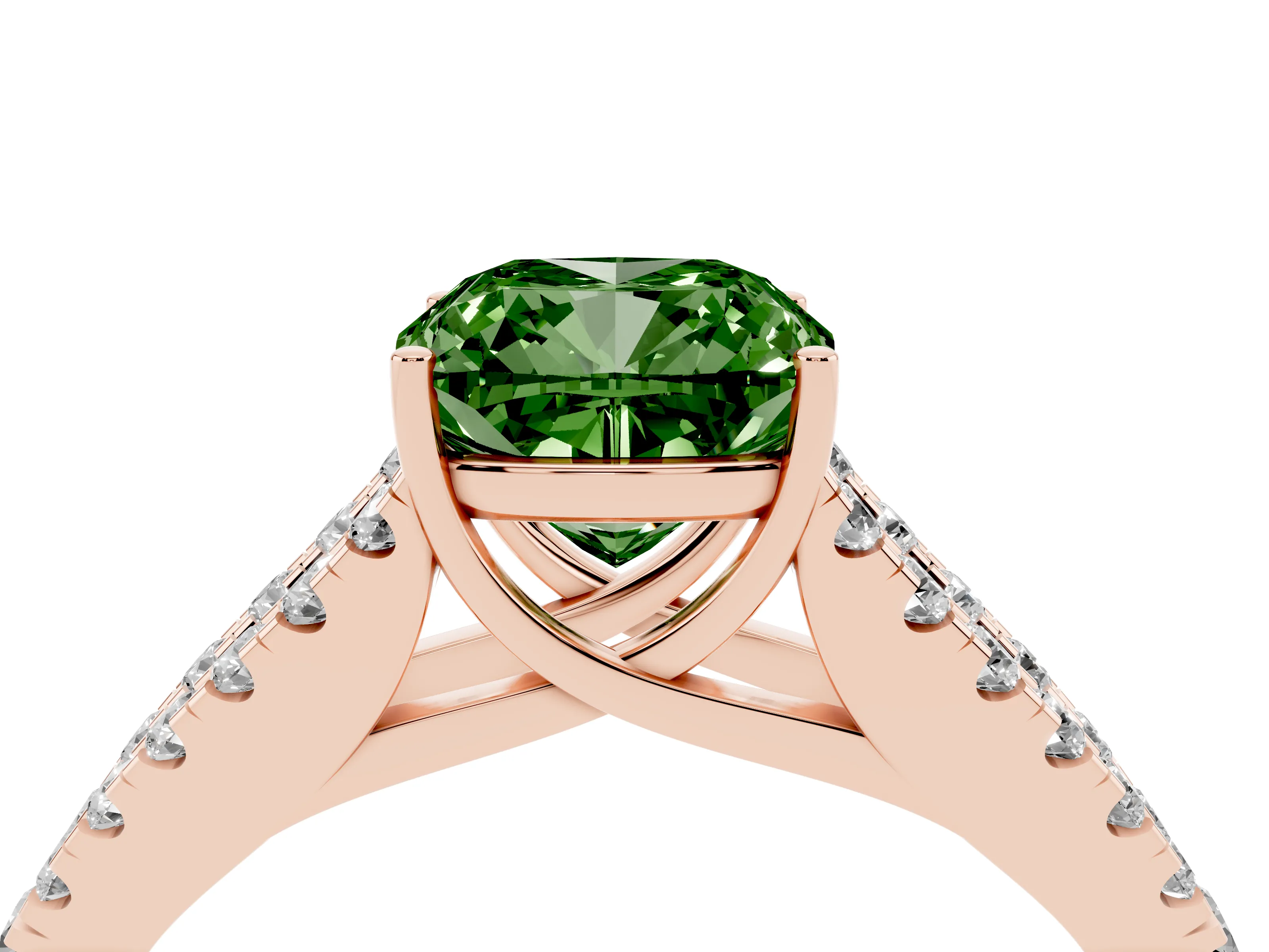 Fancy Green Cushion Cut Diamond Split Shank Pavé Engagement Ring Set in Rose gold with Prong-Held Center Stone