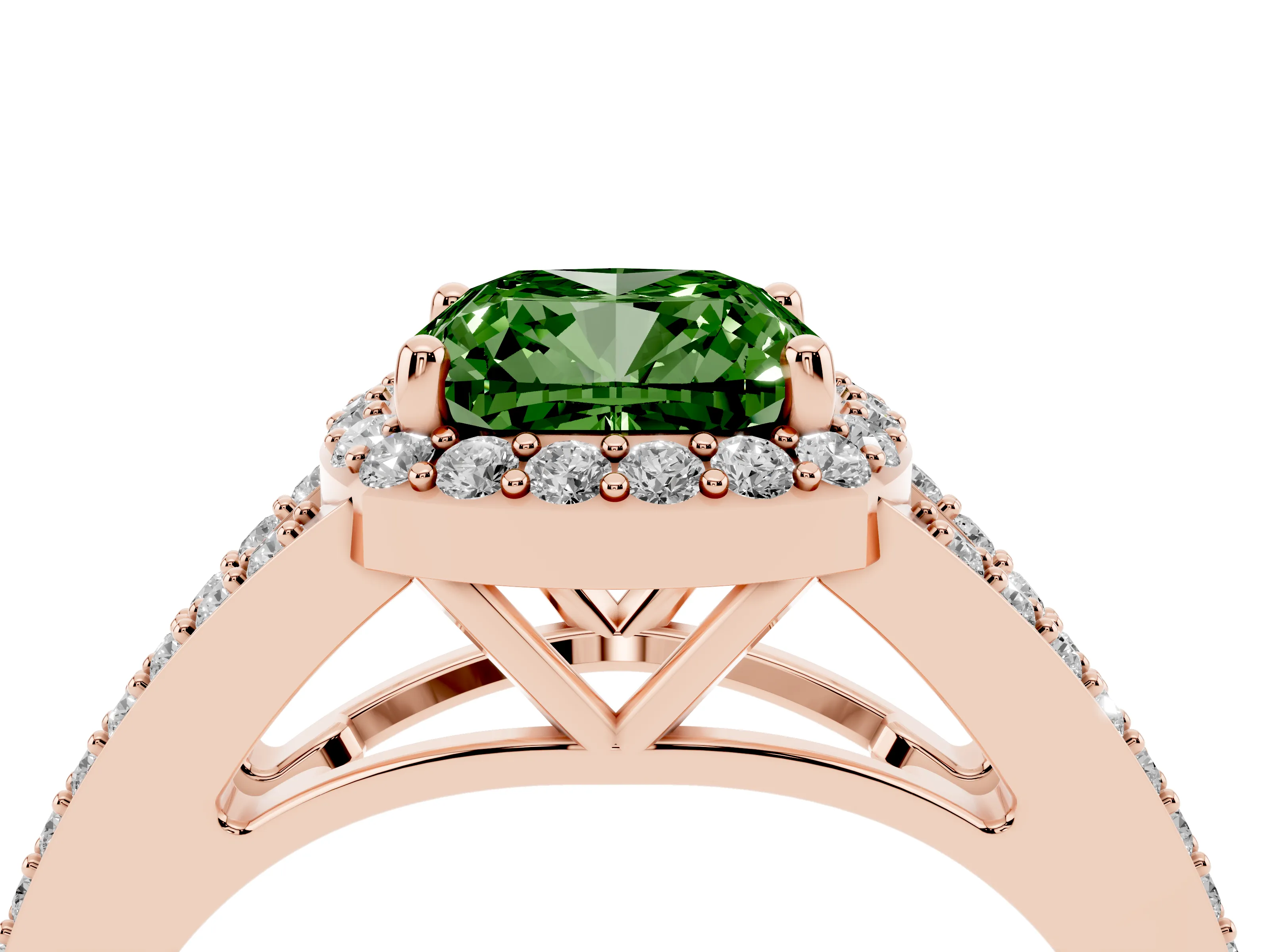 Fancy Green Cushion Cut Diamond Halo Split Shank Ring Set in Rose gold with Accent Stones and Prong Setting
